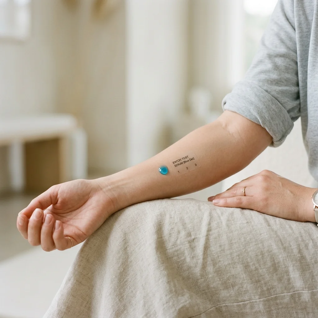 Patch testing a copper peptide serum on the inner forearm