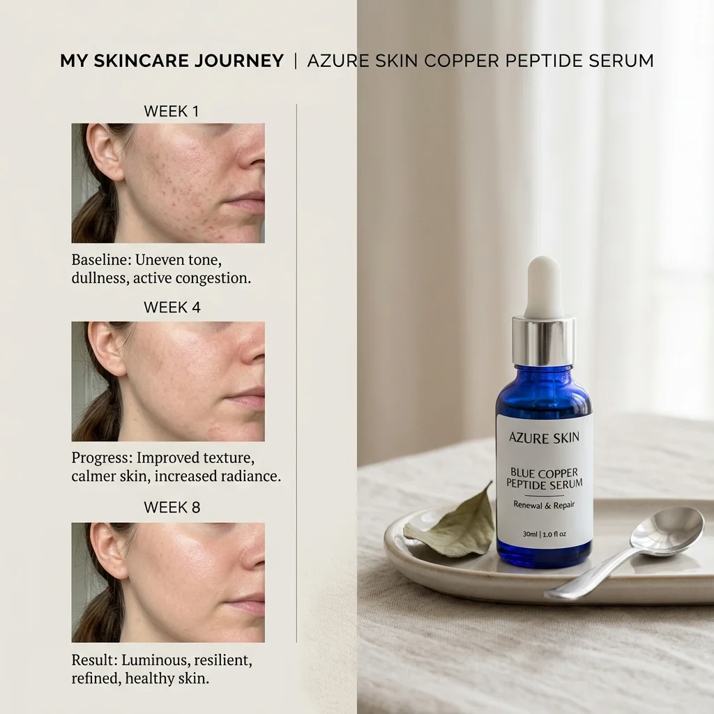 Skincare progress timeline for testing a copper peptide serum