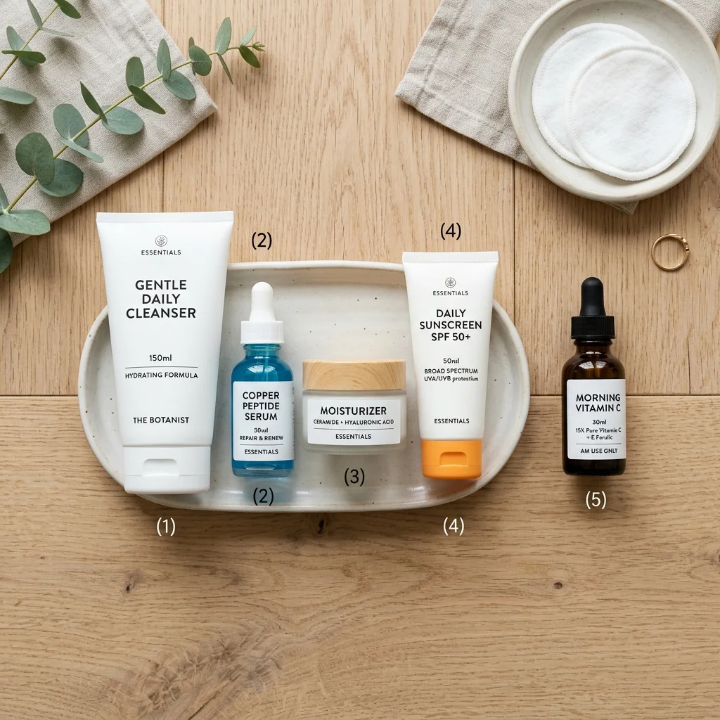 Simple skincare routine showing copper peptide serum separated from vitamin C