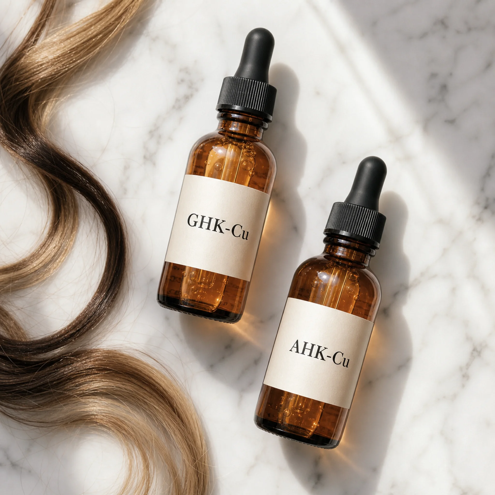Two copper peptide hair serum bottles representing GHK-Cu and AHK-Cu formulations