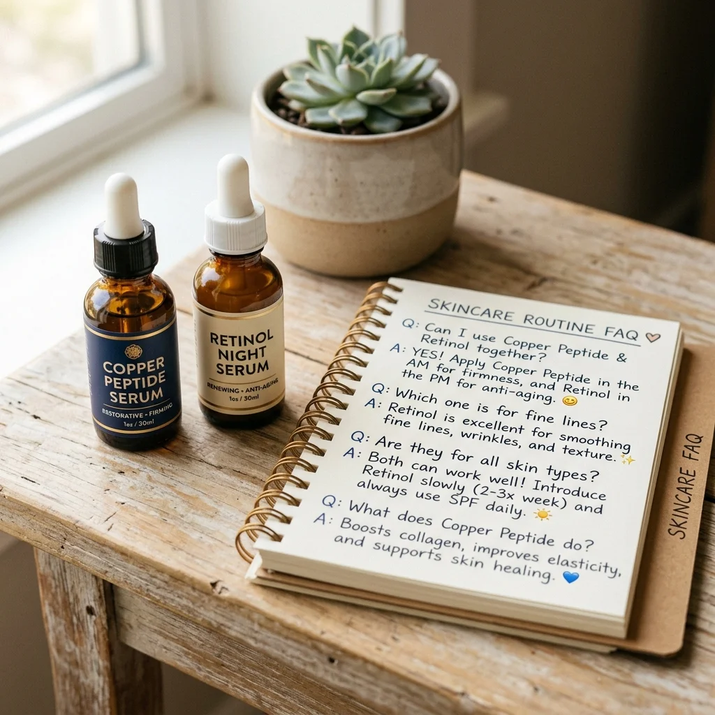 Copper peptide and retinol products next to a skincare FAQ notepad