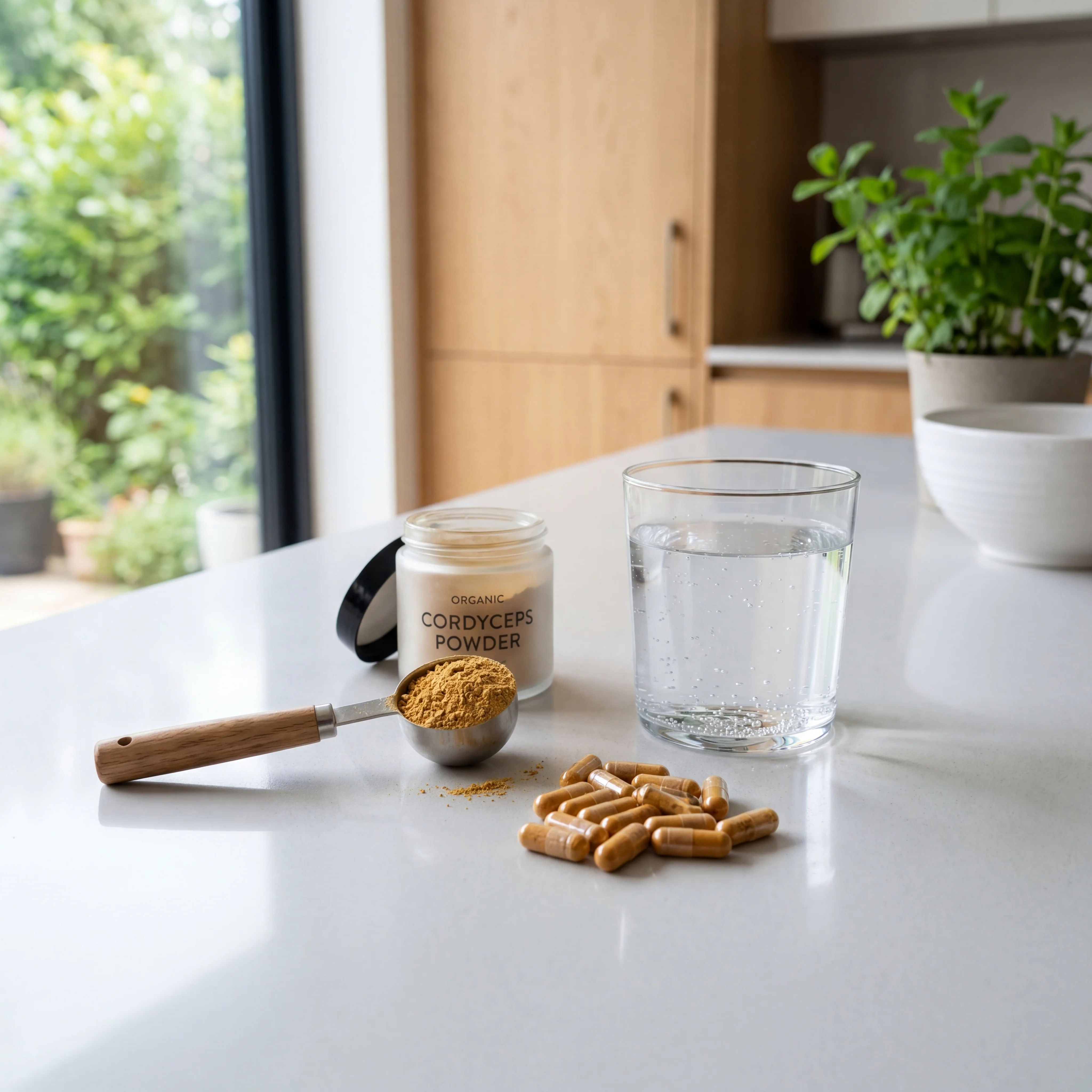 A measuring scoop of cordyceps mushroom powder next to capsules and a glass of water on a kitchen counter