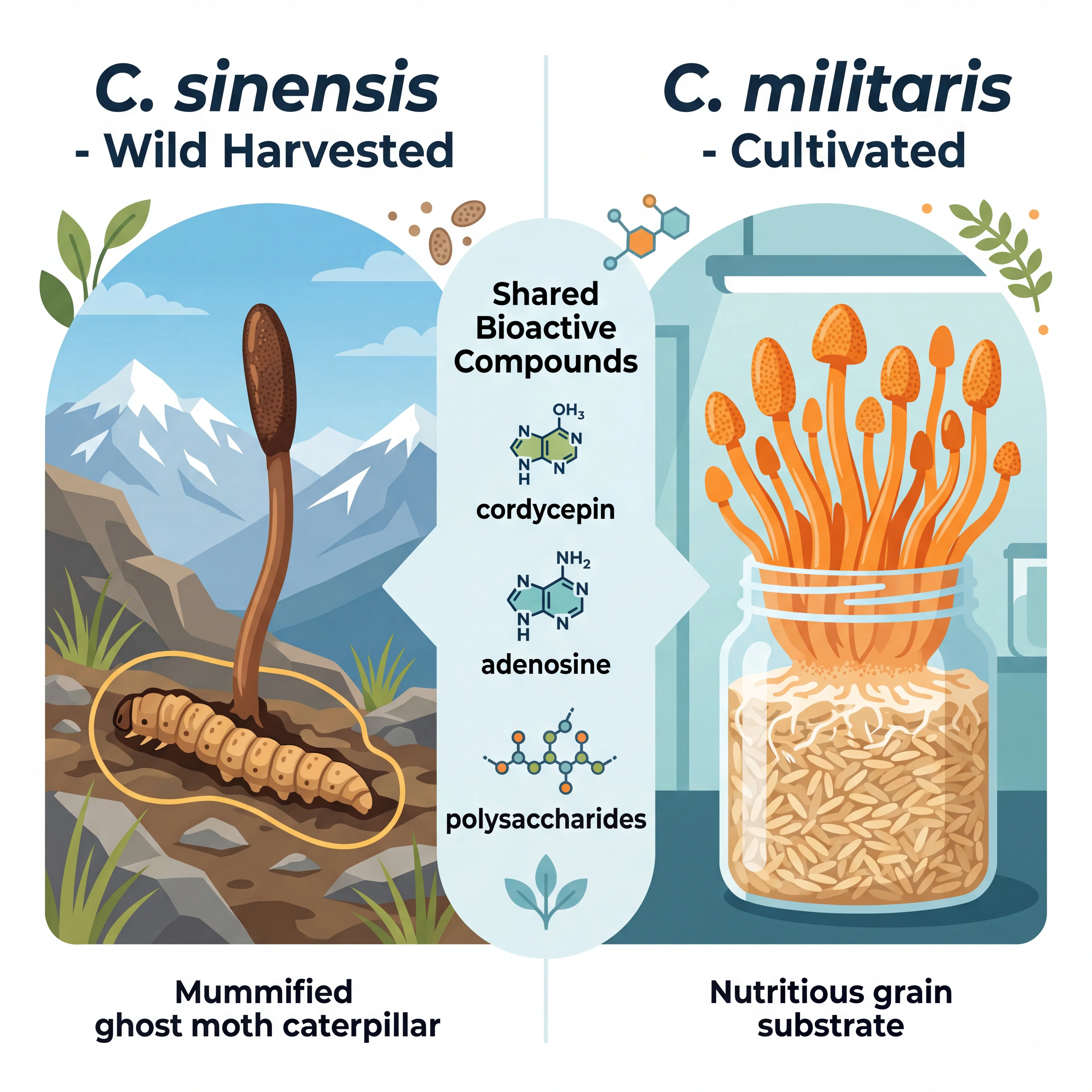 Infographic comparing Cordyceps sinensis and Cordyceps militaris species including habitat, cultivation, and active compound content