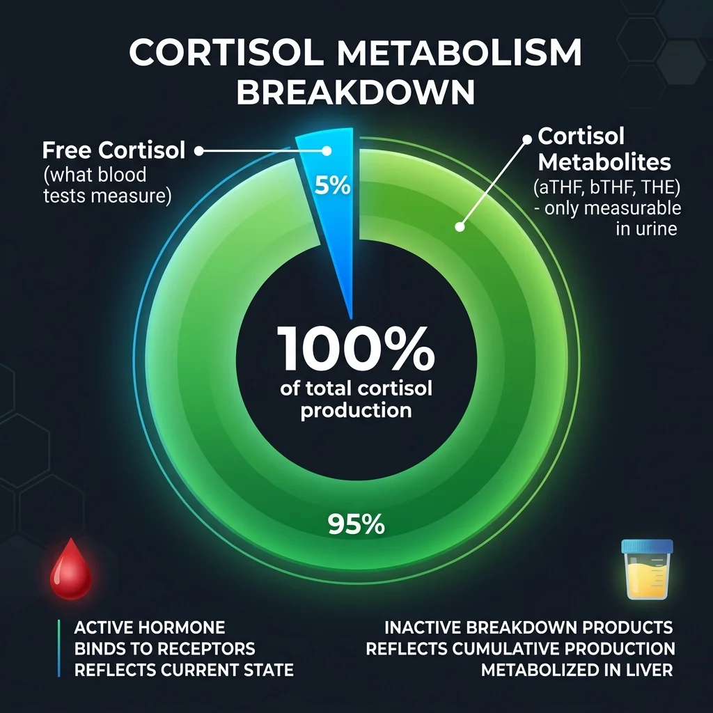 Infographic showing free cortisol represents only 5 percent of total cortisol production while metabolites represent 95 percent