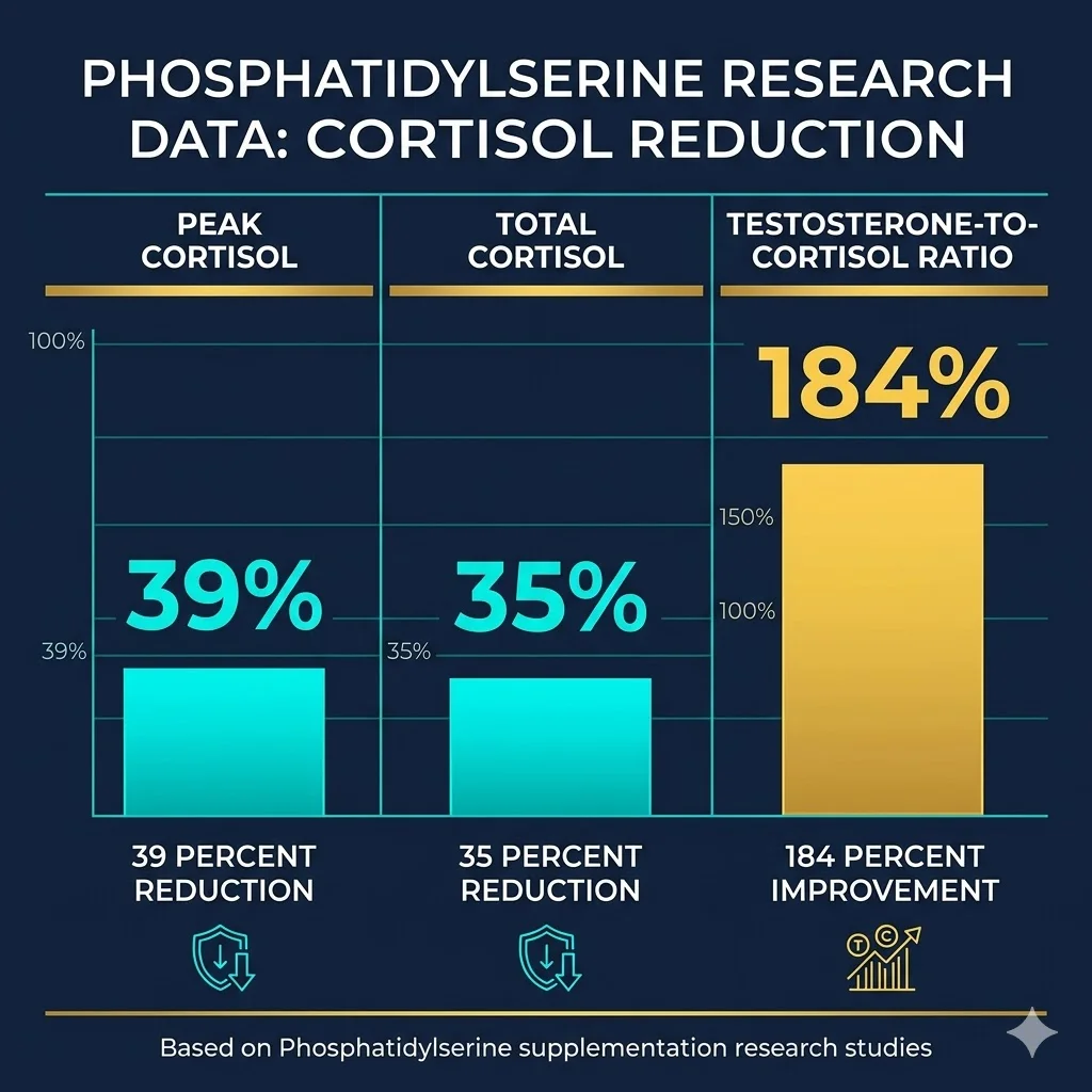 Infographic comparing cortisol levels before and after phosphatidylserine supplementation across clinical trials