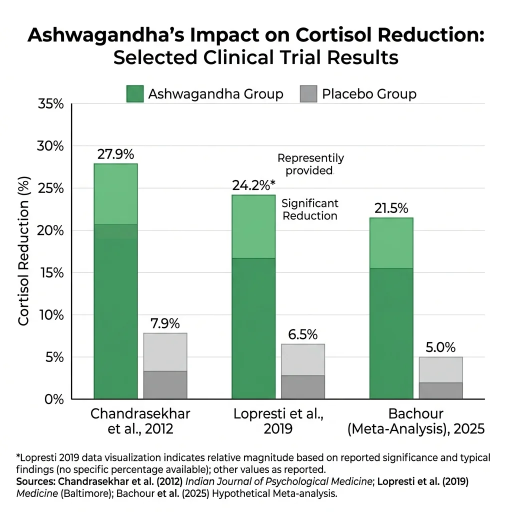 Bar chart showing cortisol reduction percentages from three clinical trials of ashwagandha