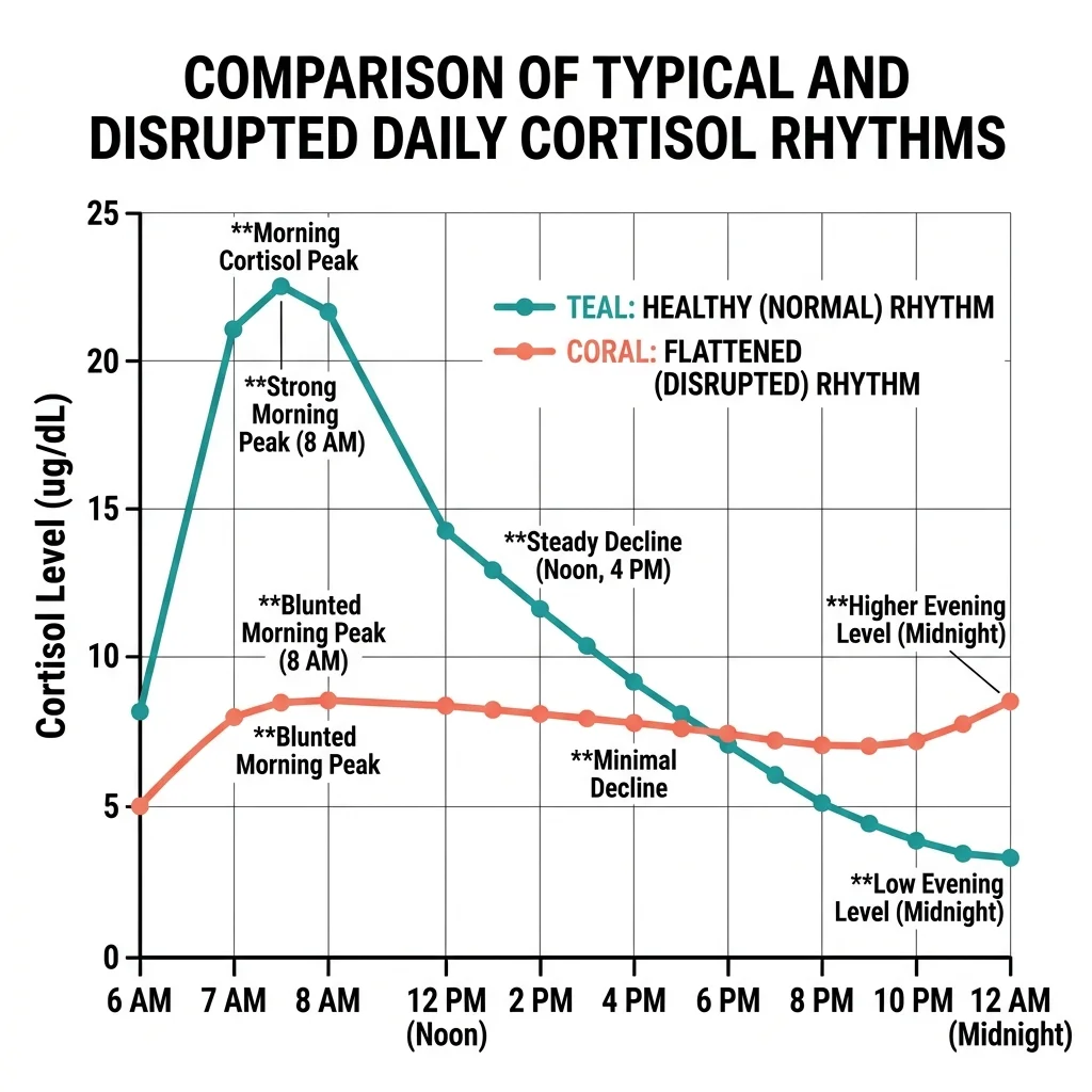 Comparison chart showing normal cortisol curve versus flattened pattern associated with chronic stress and fatigue