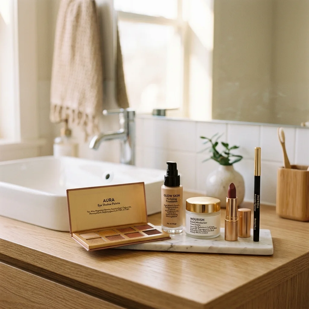 Common cosmetic products including eye shadow, foundation, and moisturizer that may contain PFAS ingredients