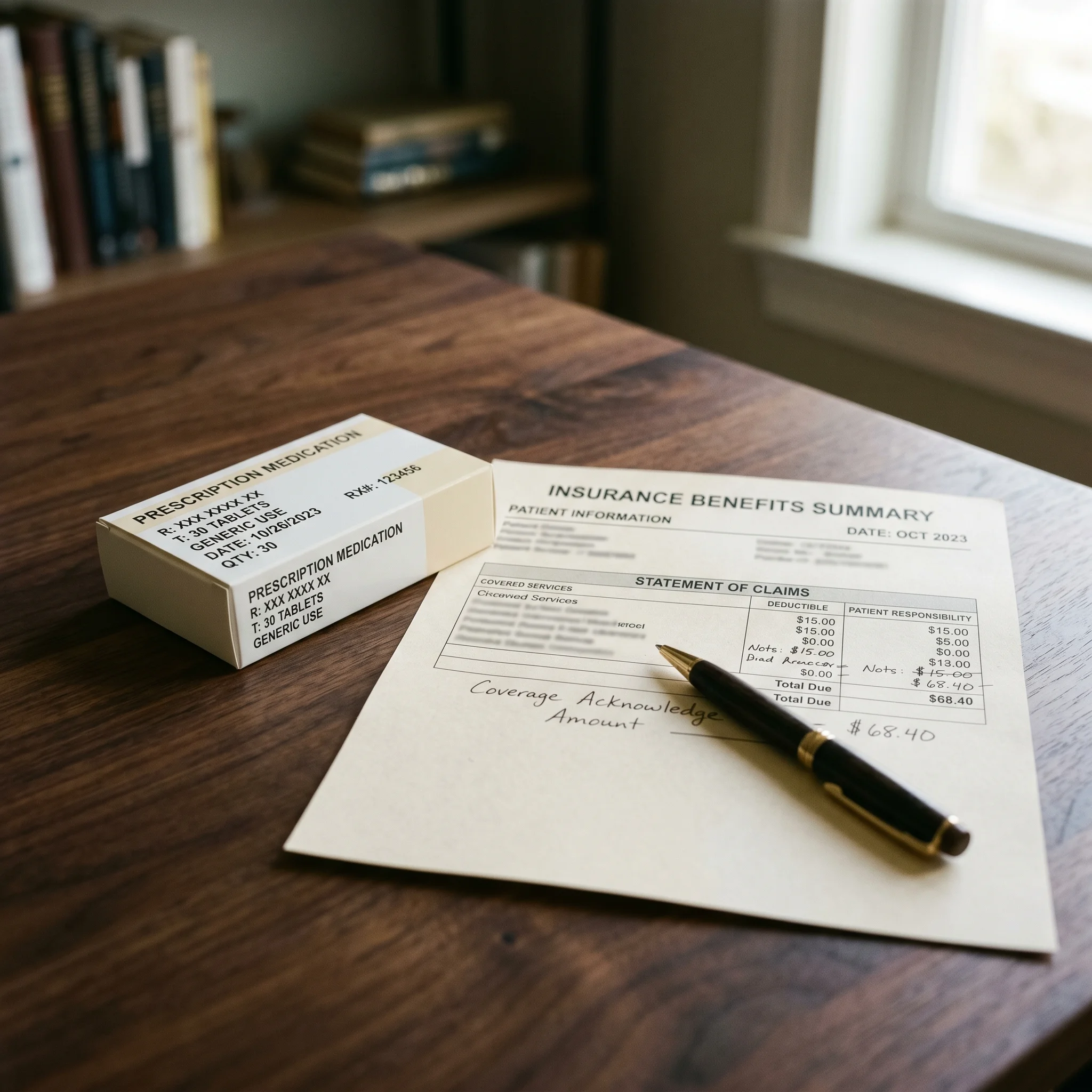 Unbranded medication box and insurance paperwork on a desk, illustrating cost and coverage decisions