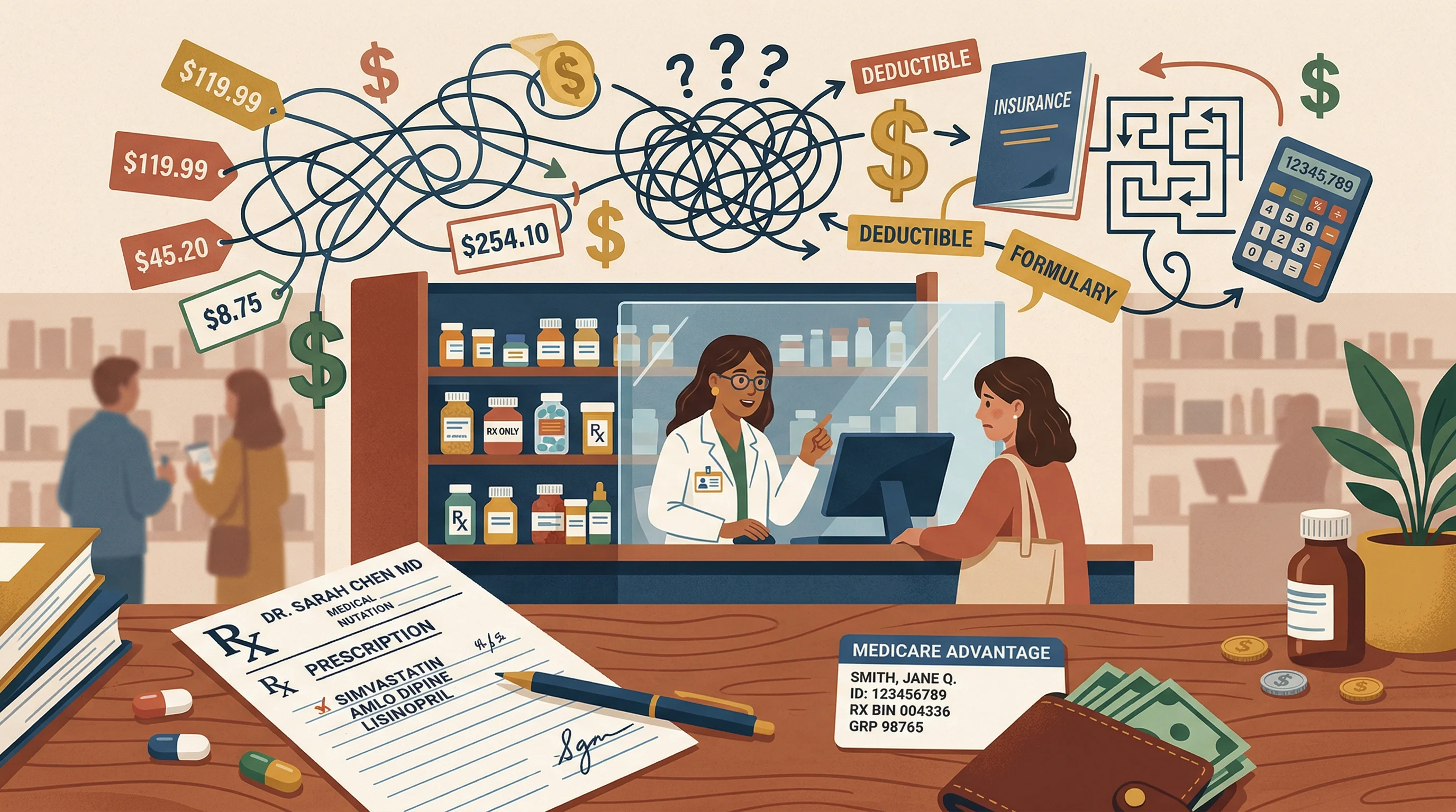Illustration of prescription cost elements including insurance coverage, pharmacy pricing, and manufacturer programs