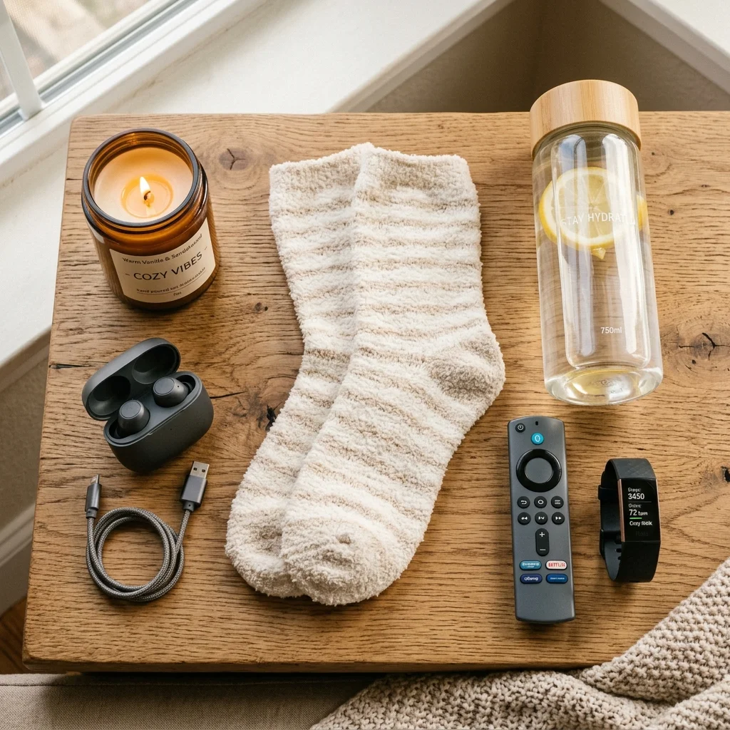 Flat lay of cozy cardio essentials including fuzzy socks, candle, earbuds, and water bottle