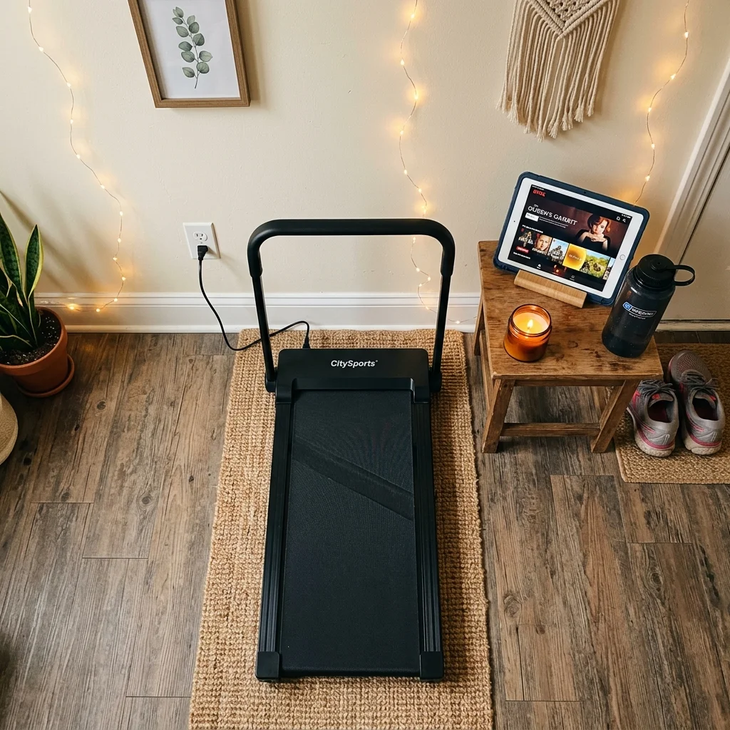 Overhead view of a cozy home workout corner with walking pad, candle, and streaming tablet
