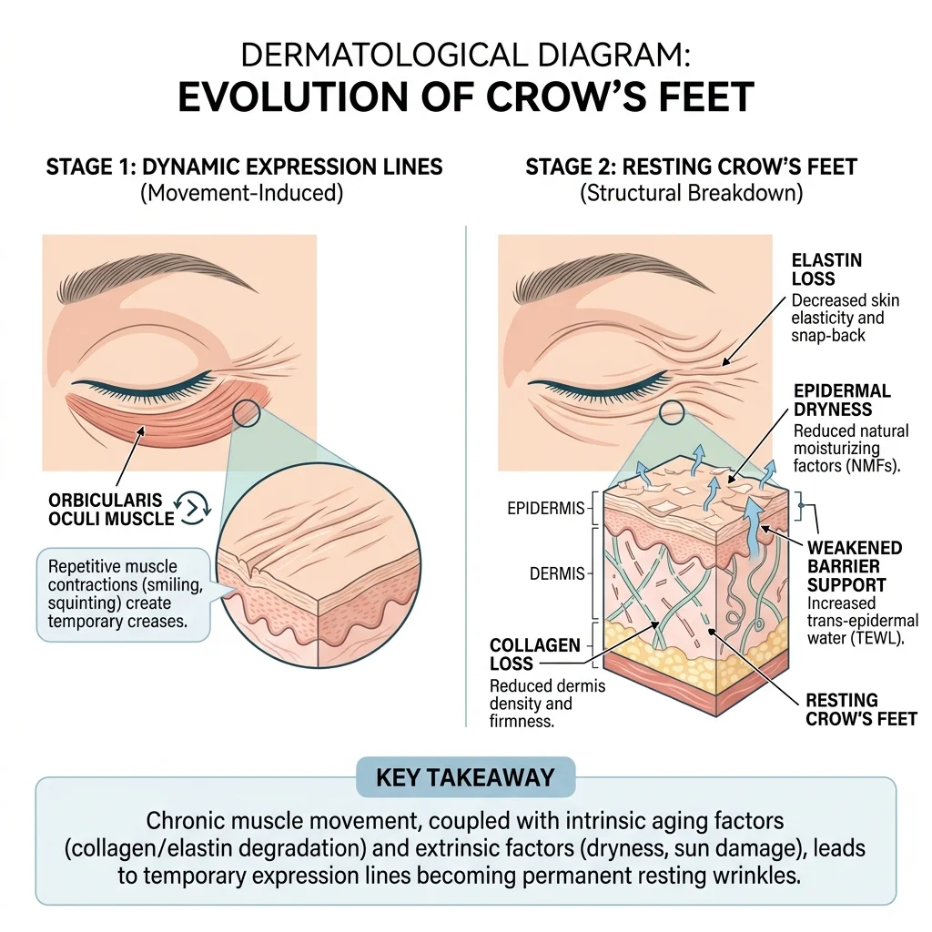 Diagram showing how dynamic eye lines become resting crow's feet