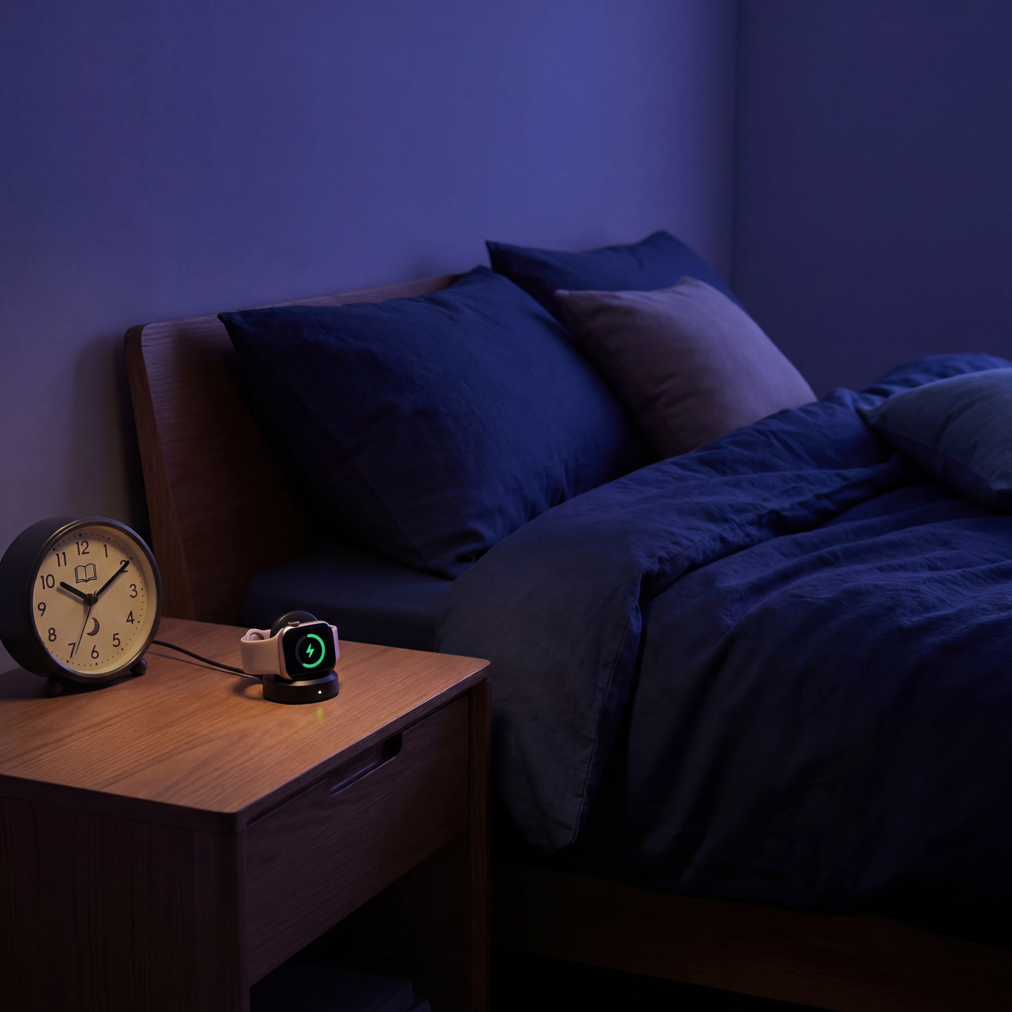 Calm evening bedroom with bedside clock and sleep tracker to support recovery during weight loss