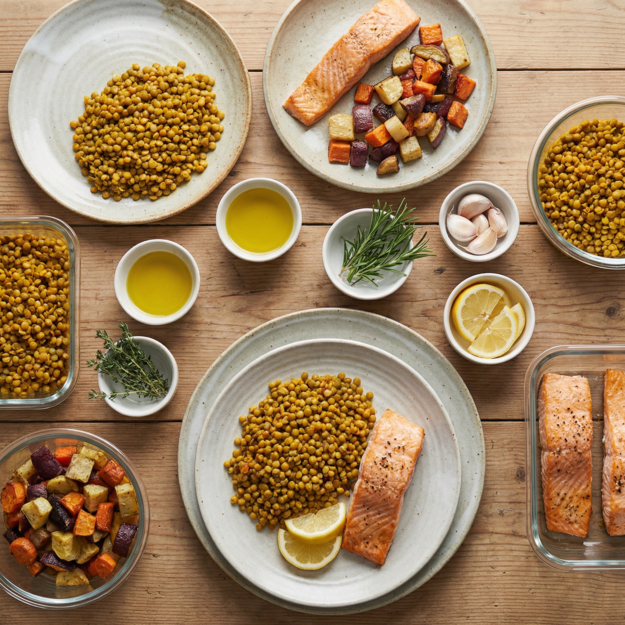 Anti-inflammatory meal with turmeric-spiced lentils, roasted vegetables, salmon, garlic, and olive oil arranged on ceramic plates.