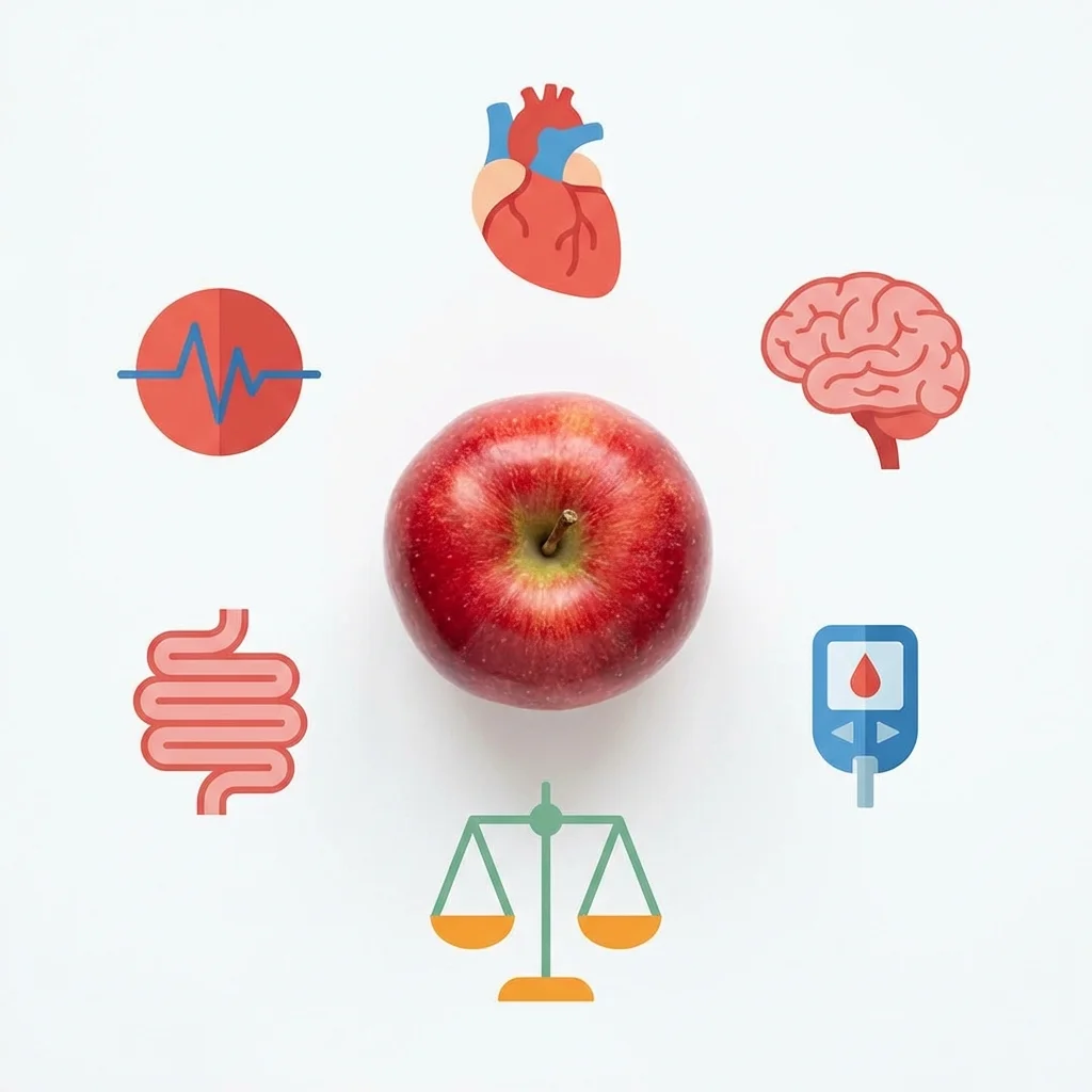 Infographic showing key health metrics improved by regular apple consumption including cholesterol, blood sugar, and inflammation markers