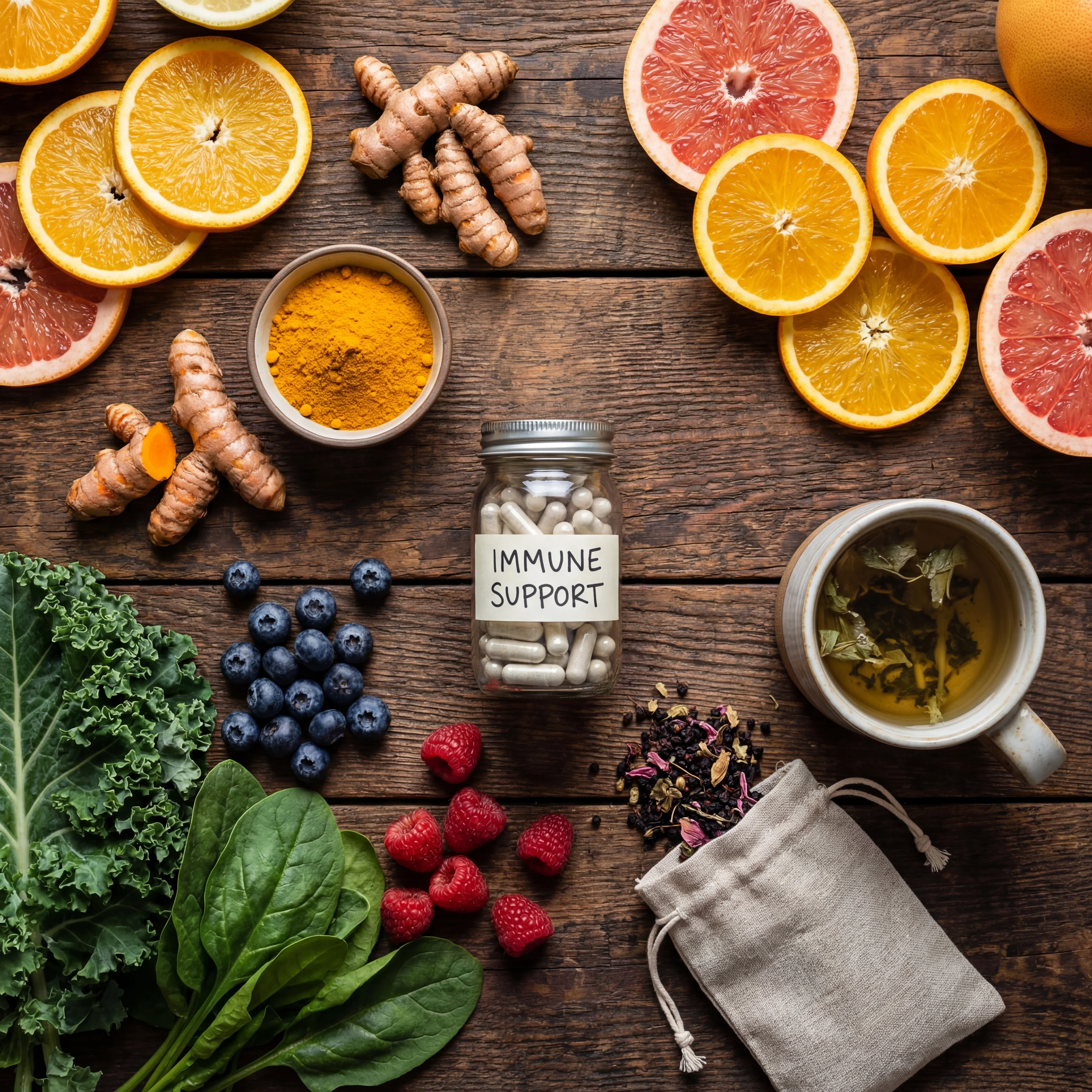 Arrangement of immune-supporting foods and supplements including citrus fruits, turmeric, leafy greens, and zinc-rich nuts