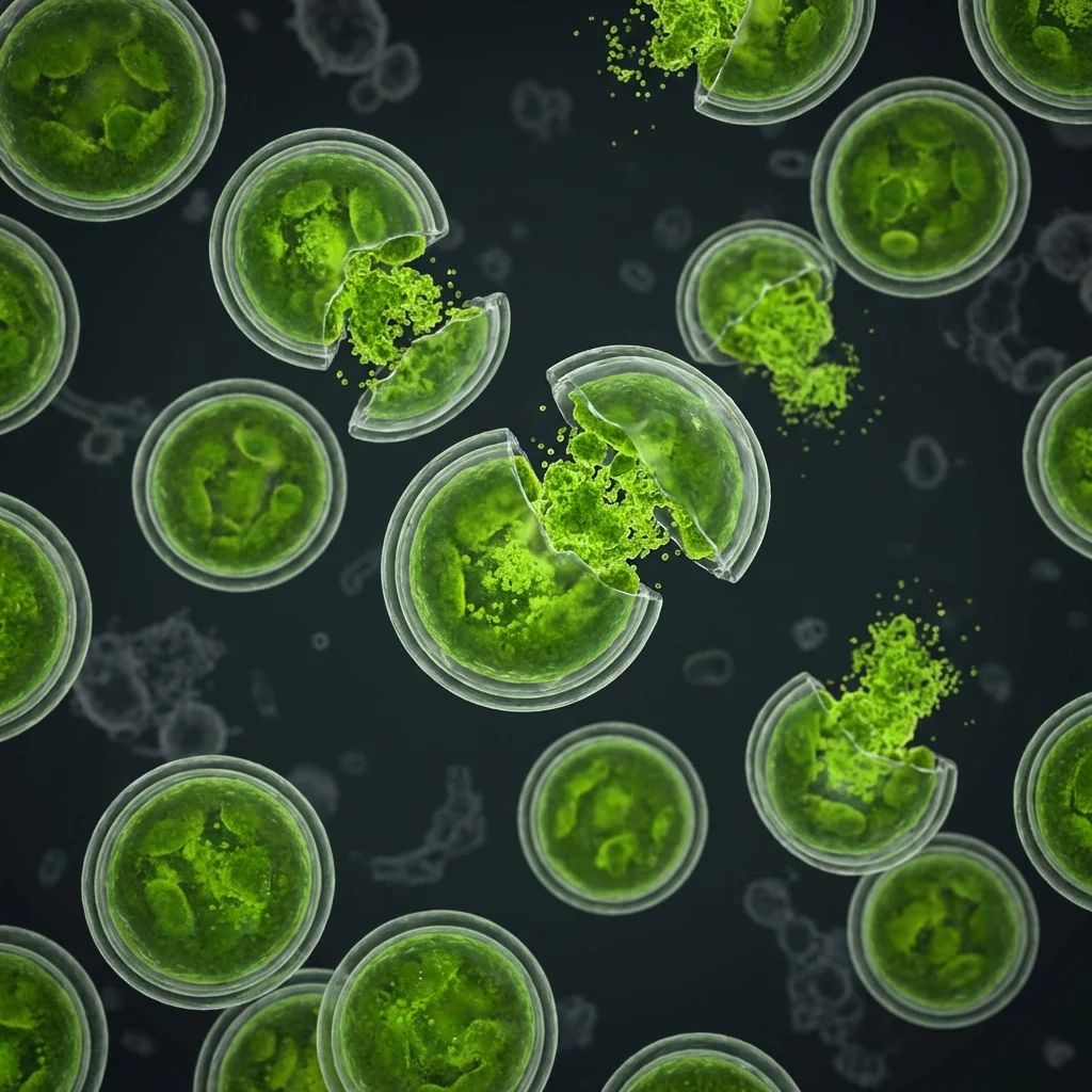 Microscopic view of round green chlorella cells magnified to show their double-layered cell walls