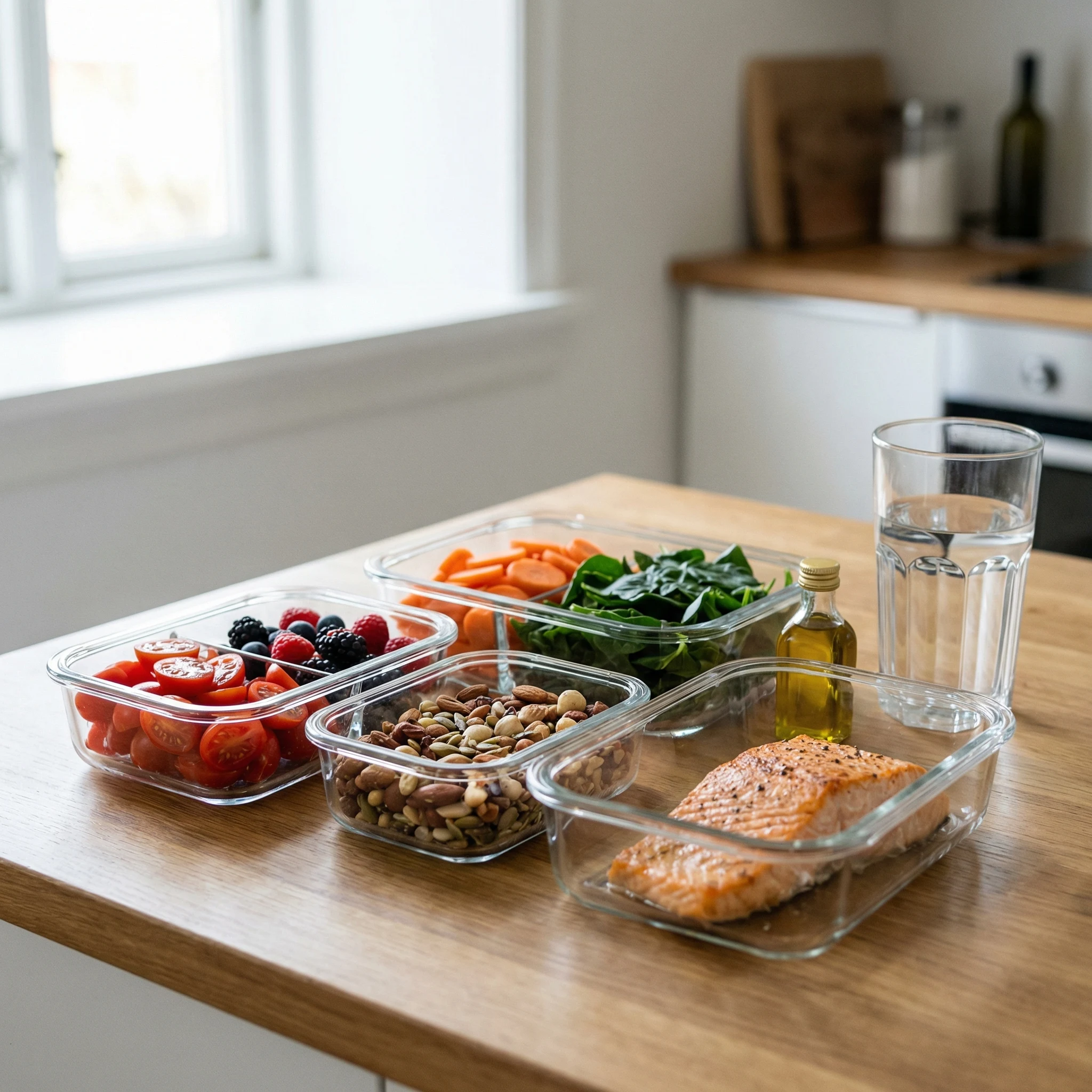 Antioxidant-rich meal prep with berries, tomatoes, greens, carrots, nuts, olive oil, and salmon arranged for skin-recovery nutrition