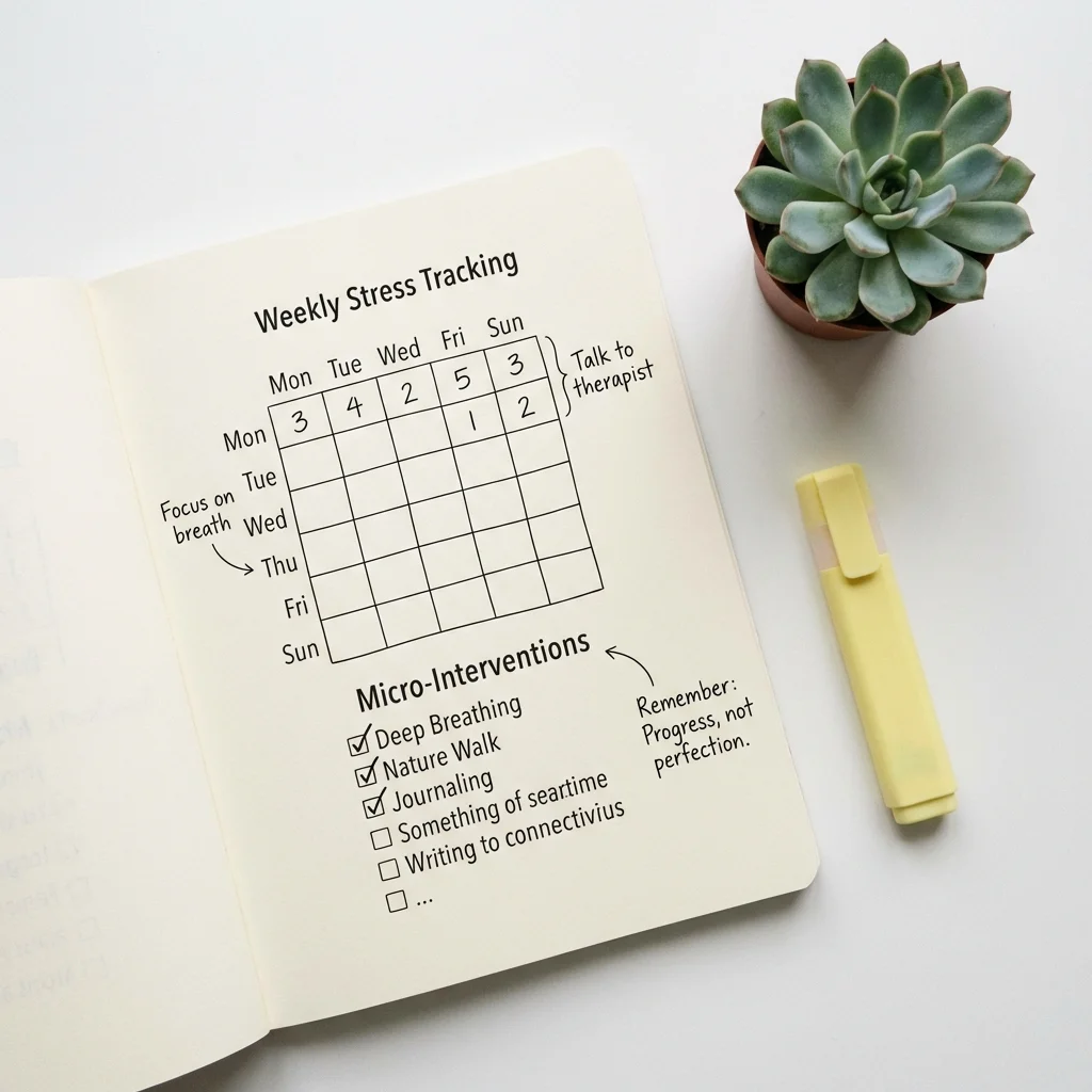 Flat lay photo of a mental health workbook page showing weekly stress tracking grid and micro-intervention checklist