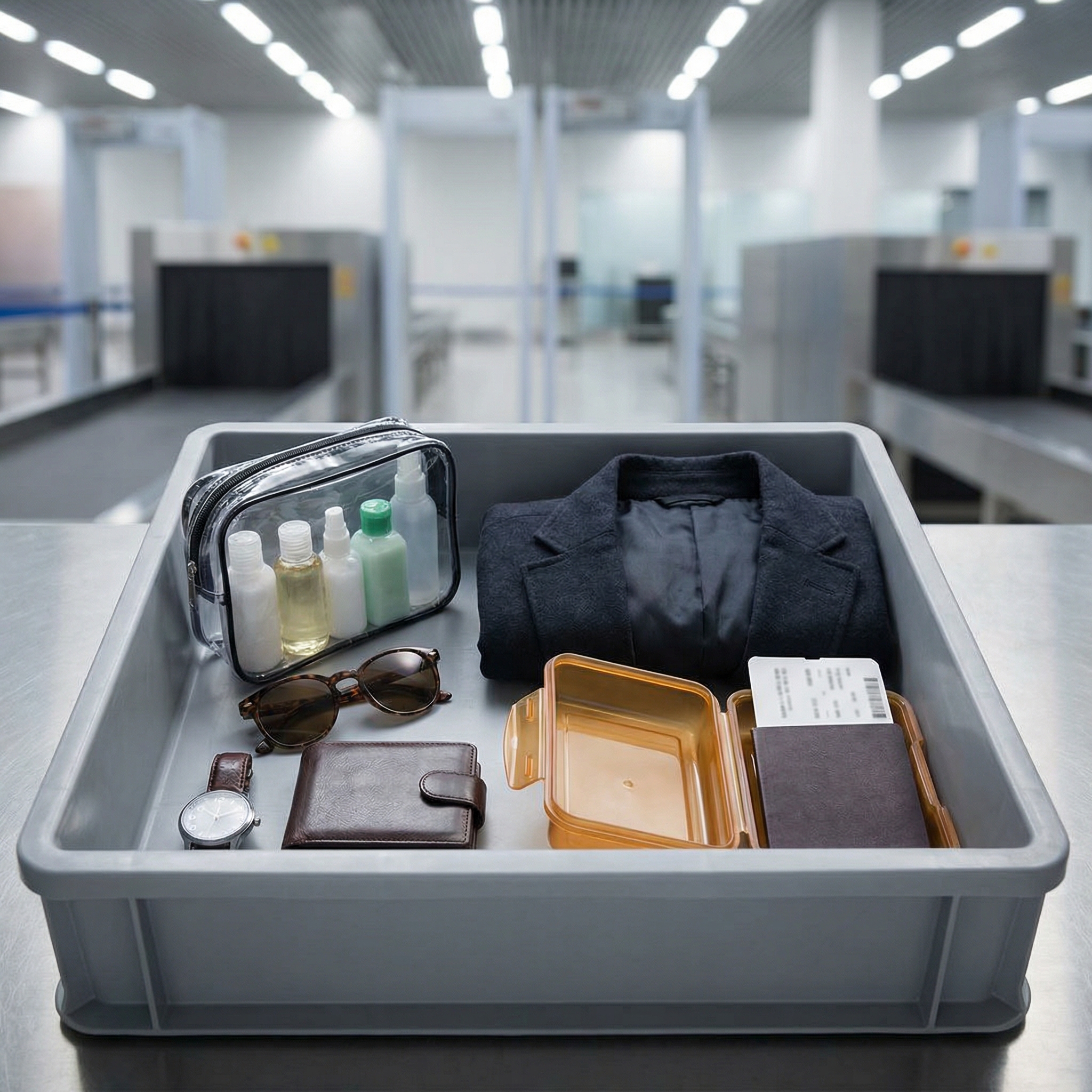 Airport security tray illustrating travel compliance considerations for cannabis products.