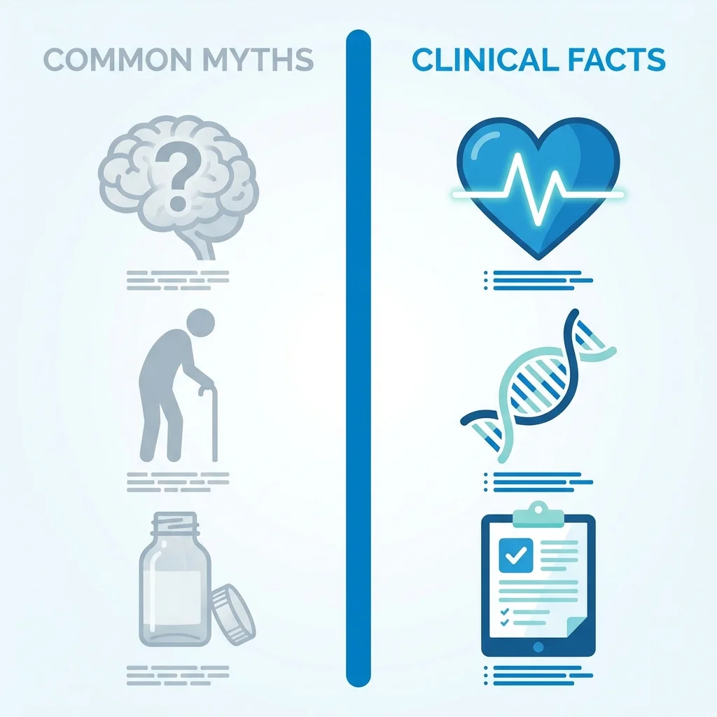 Split image comparing common misconceptions about mens health with clinical facts and medical data