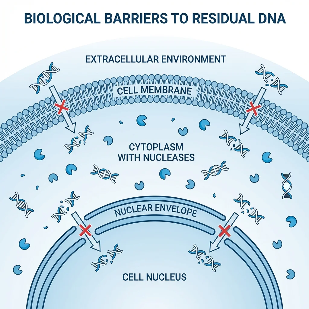 Diagram showing the biological barriers that prevent residual DNA fragments from reaching the cell nucleus and altering chromosomal DNA