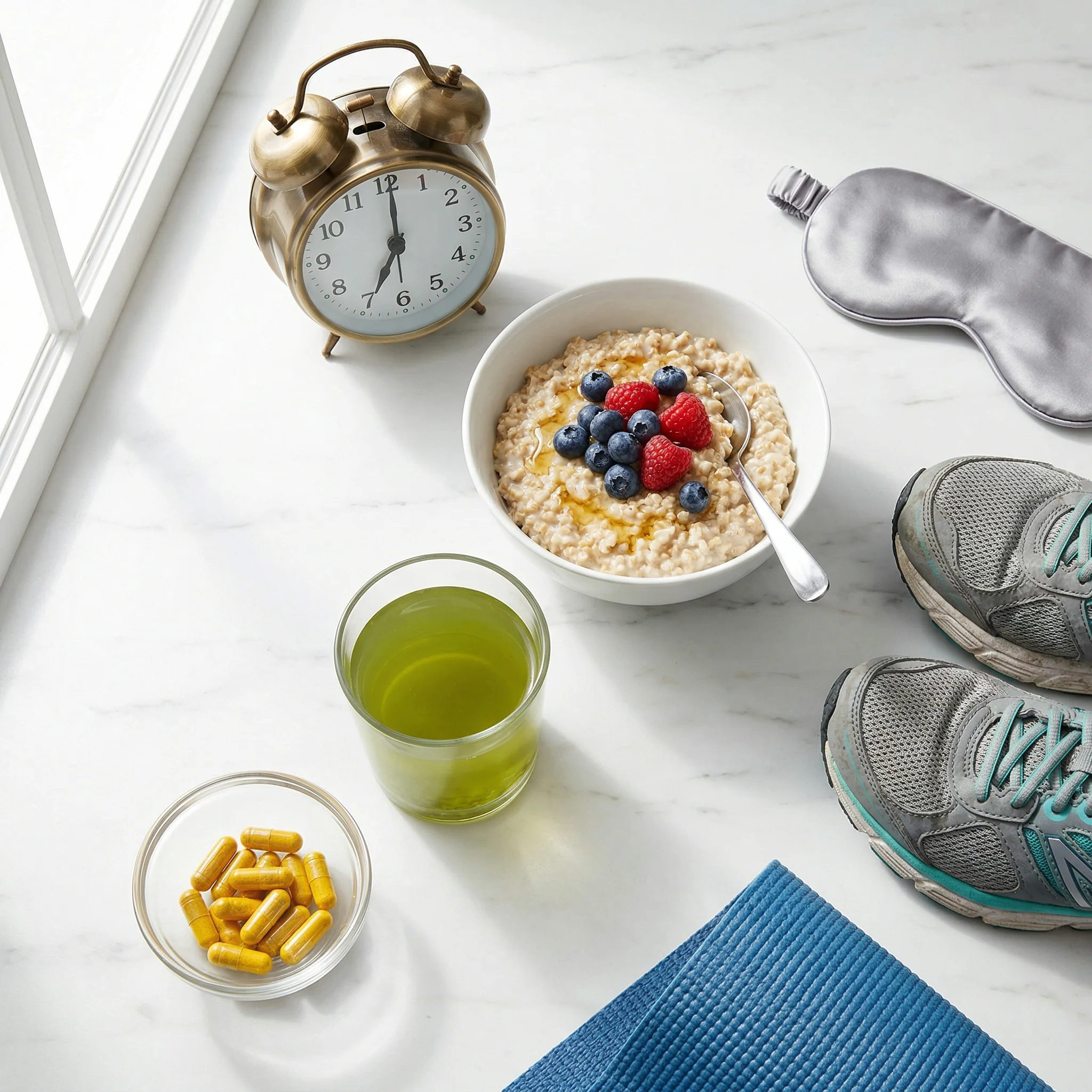 Visual daily routine showing morning exercise, balanced meals with fiber and protein, stress management practices, and quality sleep for GLP-1 support