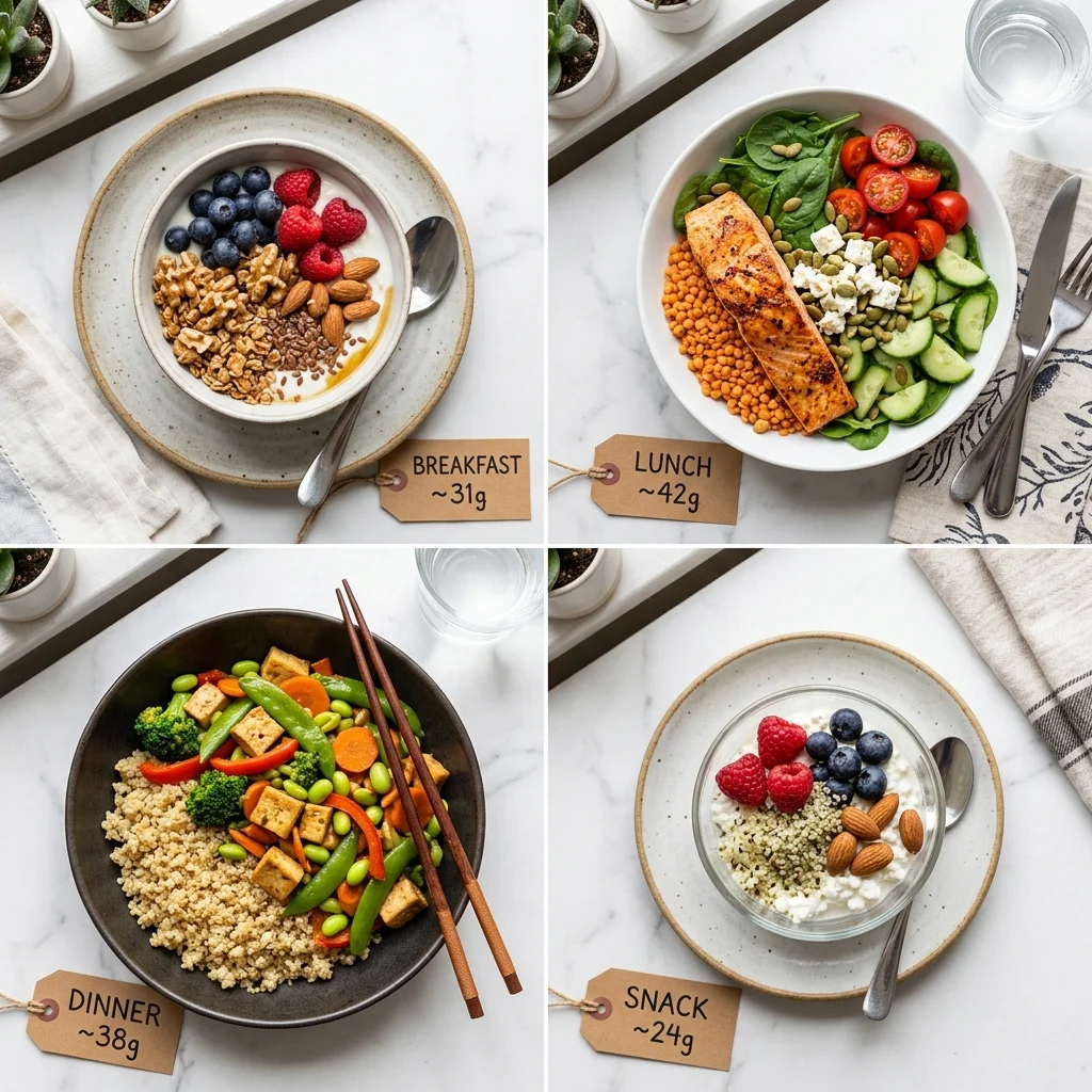Full day of protein-rich meals showing breakfast, lunch, dinner, and snack with protein gram counts