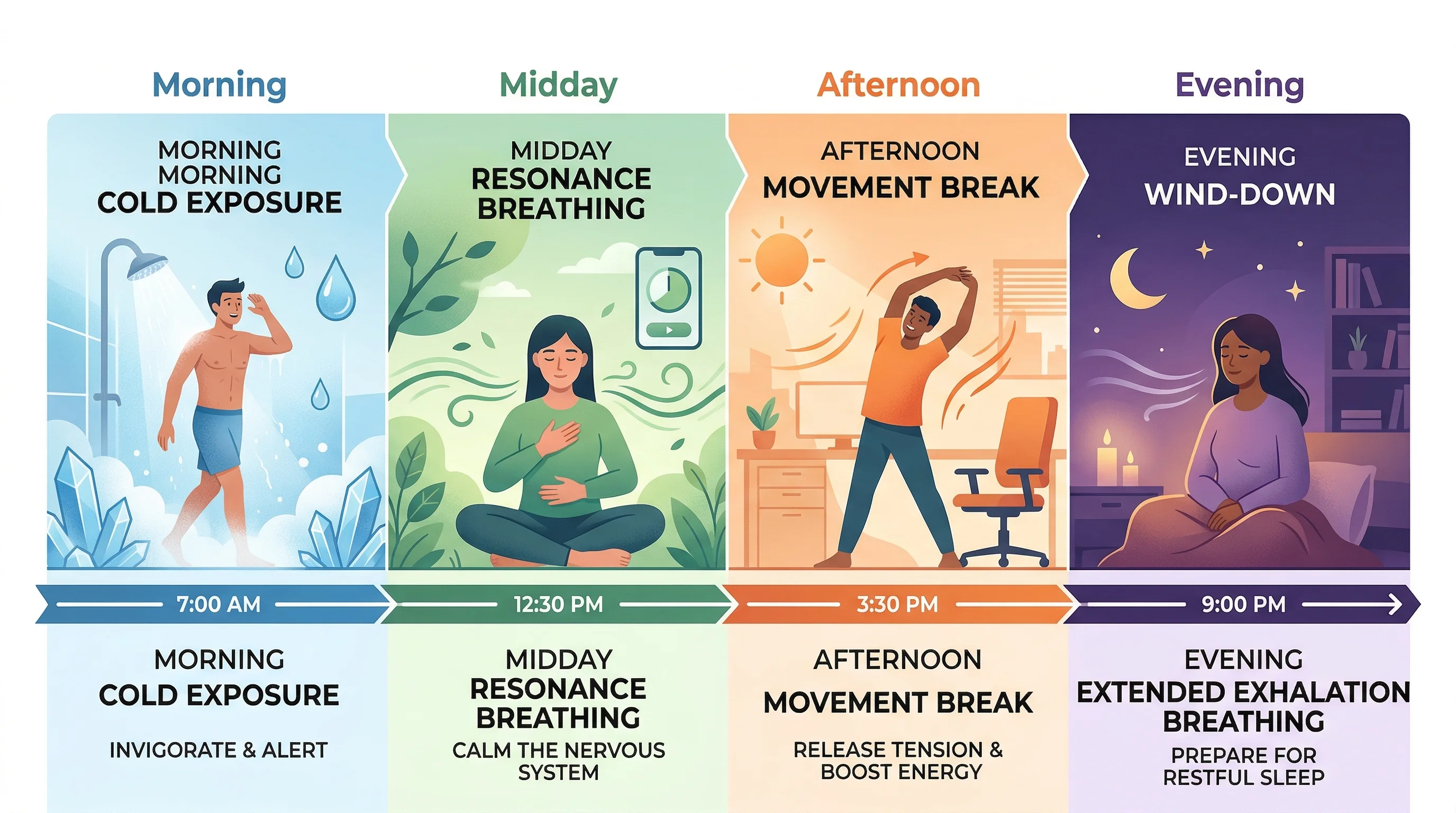 Daily neurowellness protocol timeline showing morning cold exposure, midday breathing, afternoon movement, and evening wind-down practices
