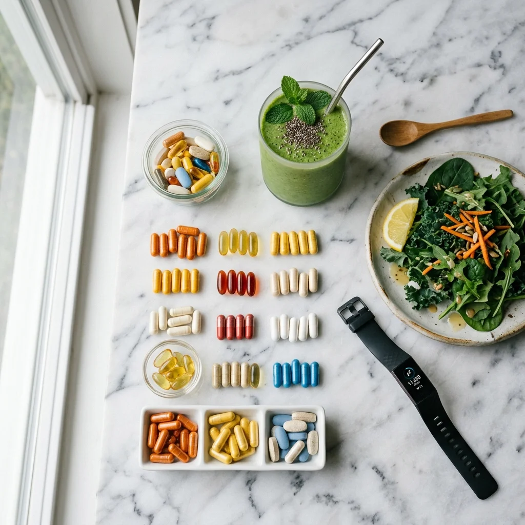 Array of supplement pills alongside a green smoothie and vegetables representing Bryan Johnson's daily Blueprint regimen