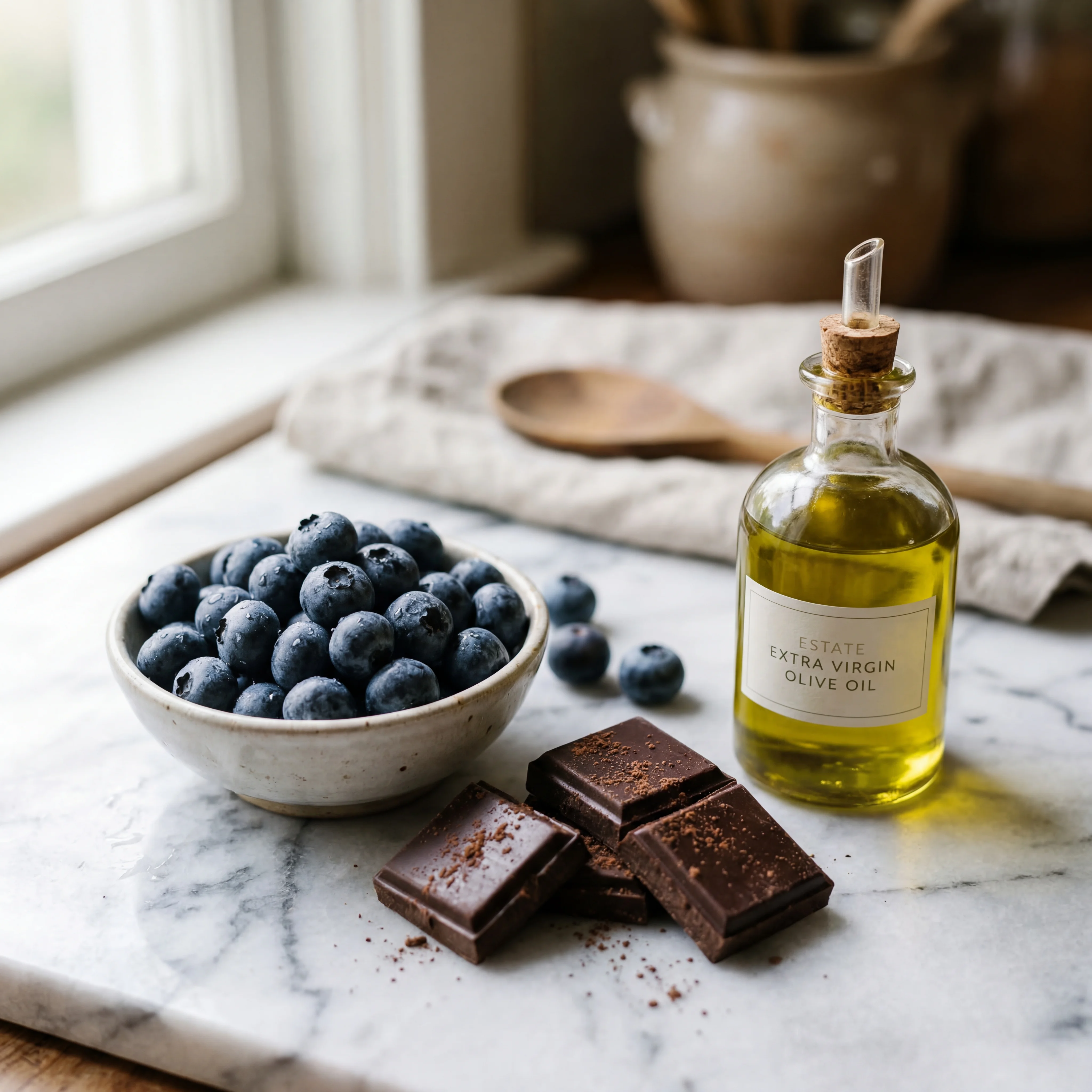 Close-up of dark chocolate squares beside fresh blueberries and a small glass bottle of extra virgin olive oil