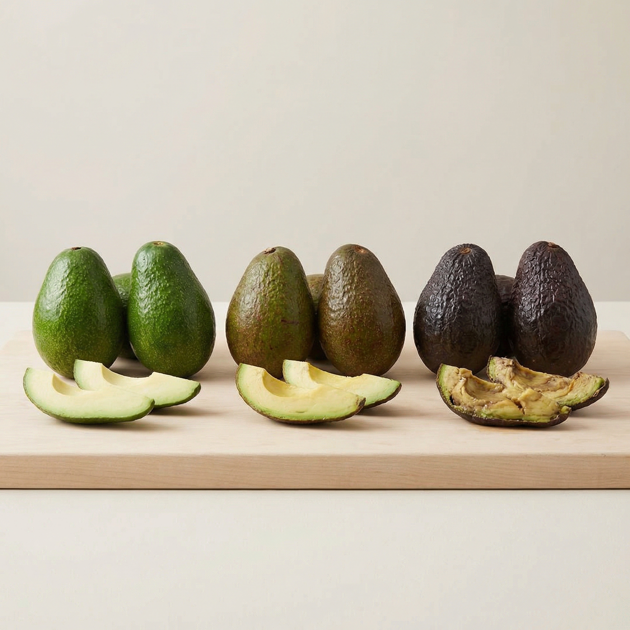 Avocados arranged from firm green to ripe dark skin and overripe soft texture to show ripeness stages.