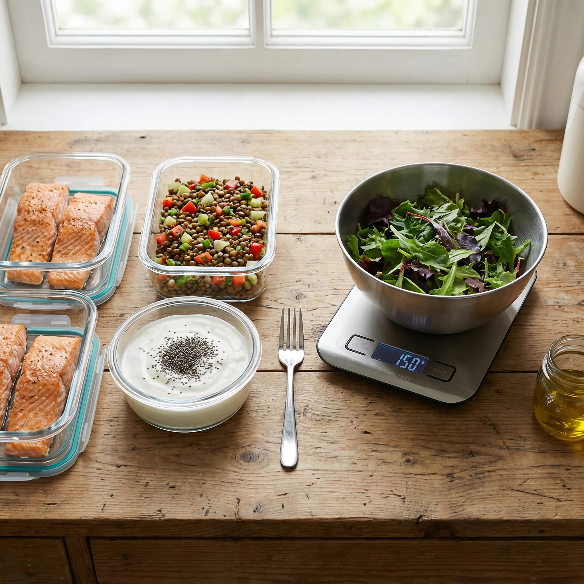 Balanced fasting-day meal prep with salmon, greens, lentils, yogurt, chia seeds, and a kitchen scale on a countertop.