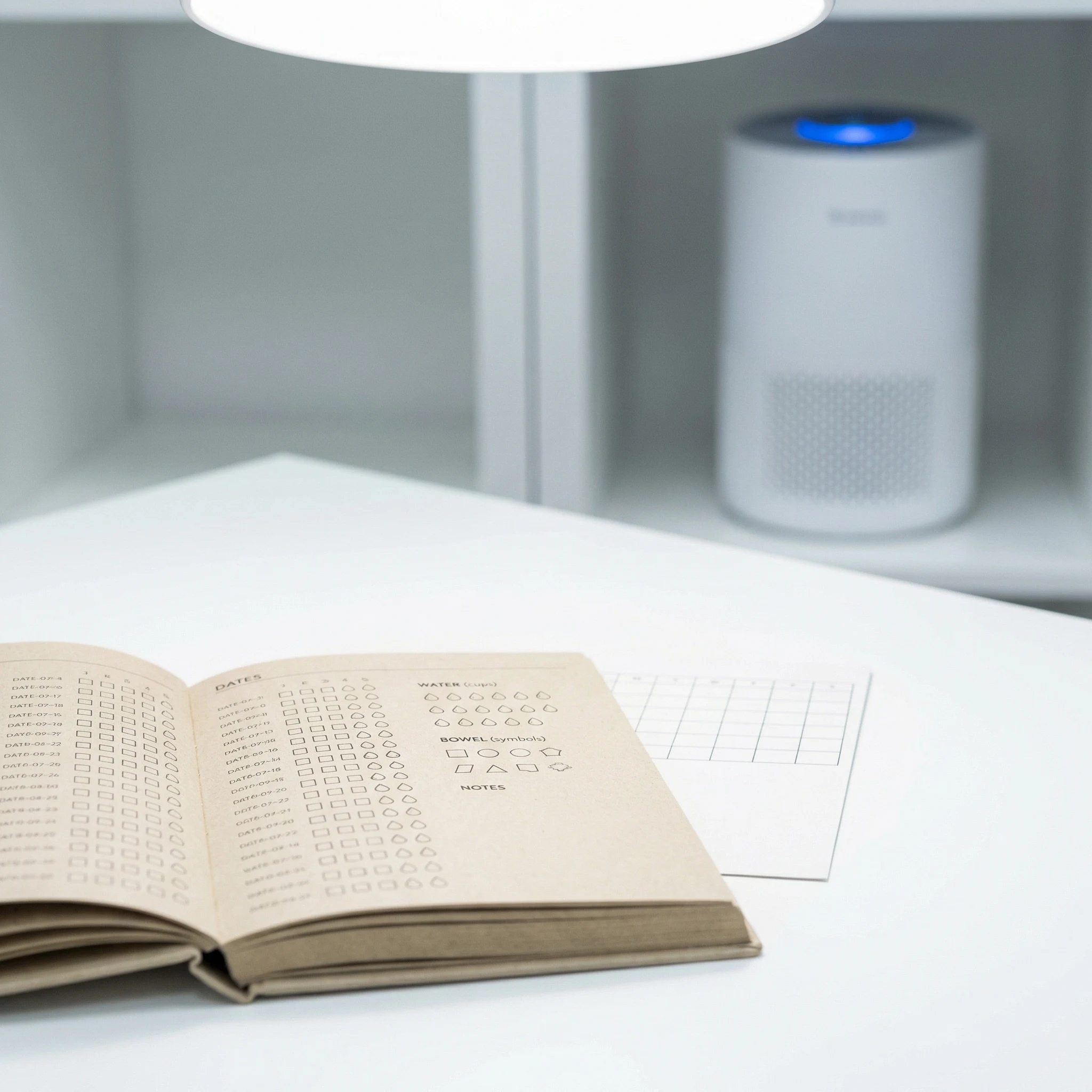 Daily notebook tracker with checklist metrics for water source, food container choices, and cleaning habits.