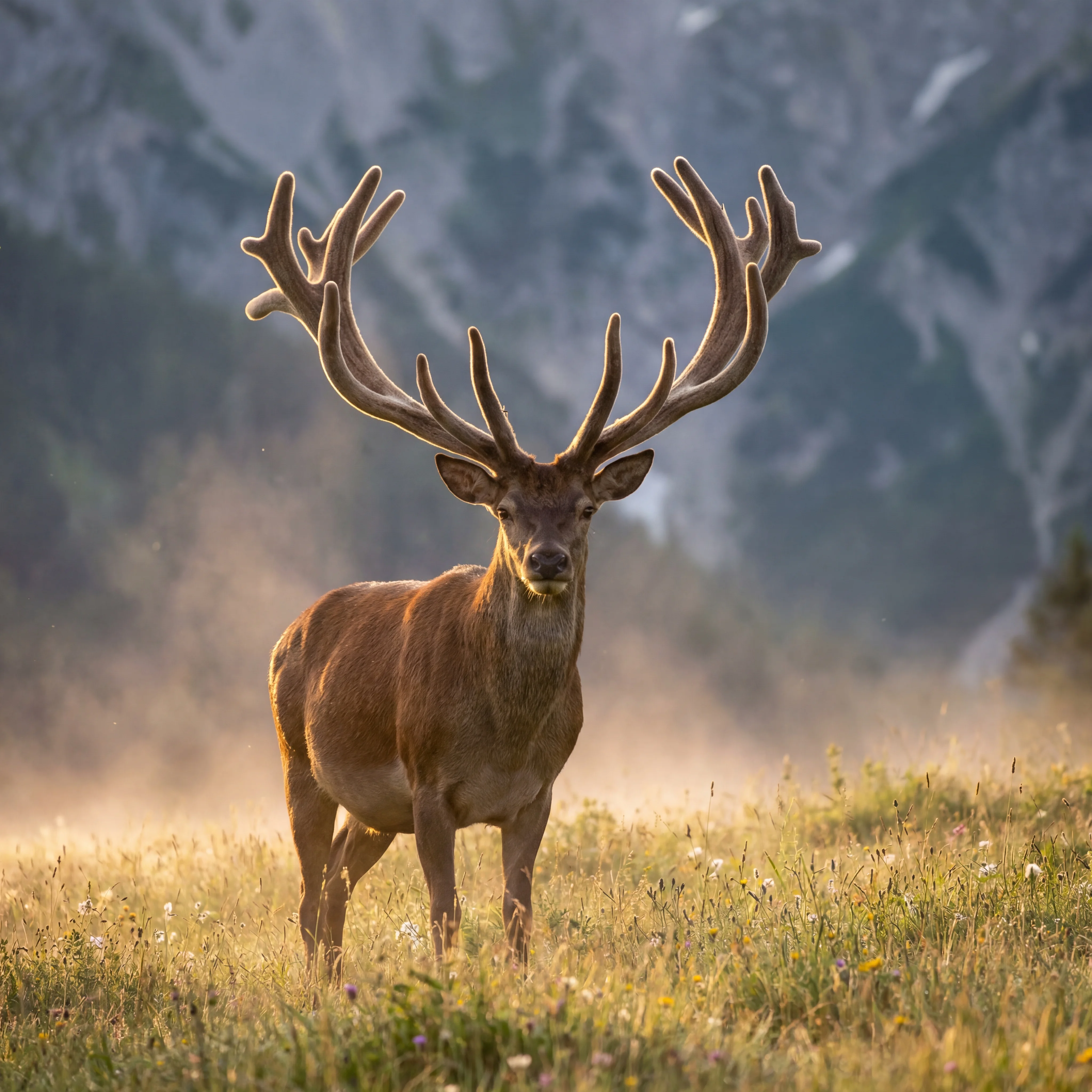 Red deer stag with growing velvet-covered antlers standing in a mountain meadow at golden hour