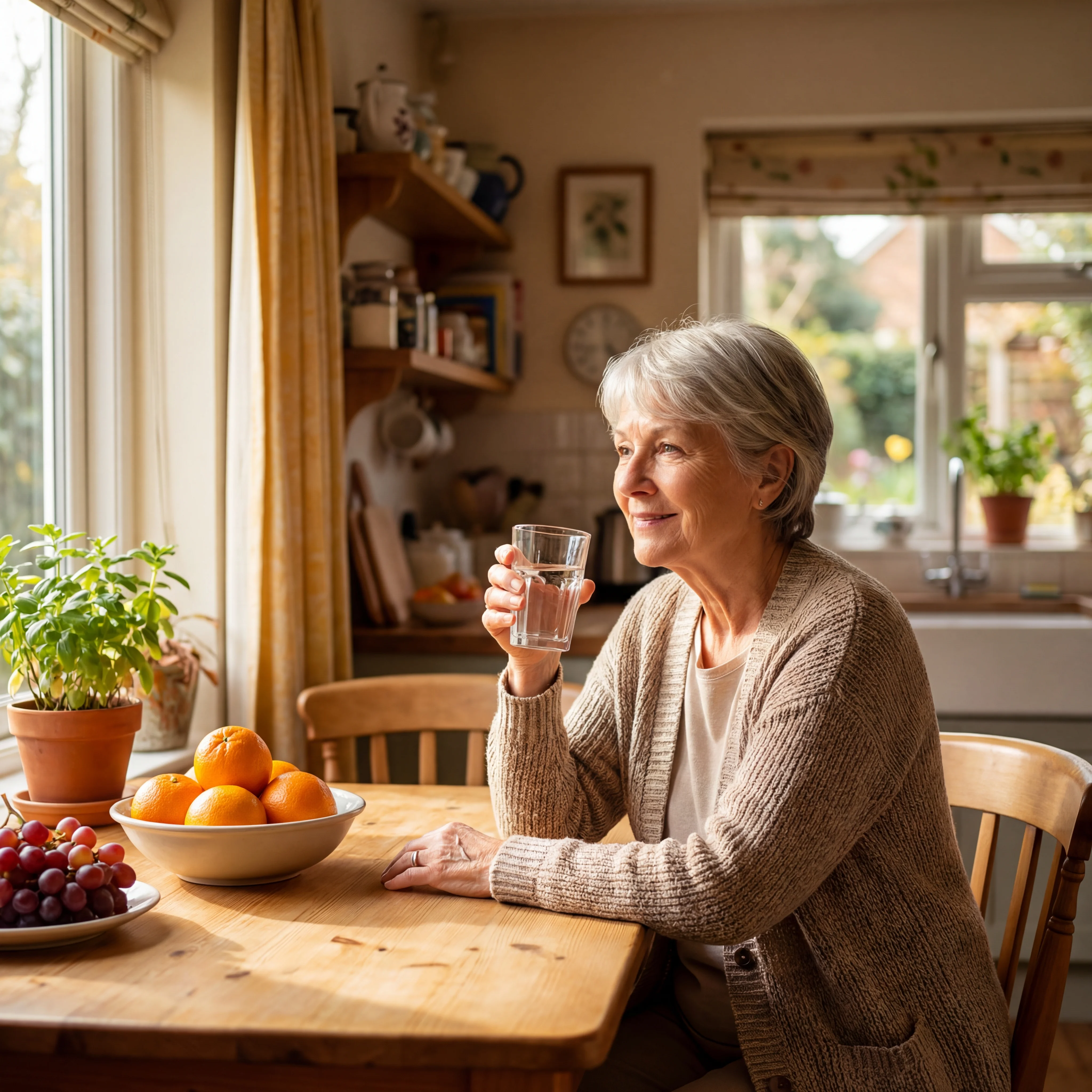 Elderly person holding a glass of water at a kitchen table with fresh fruits nearby