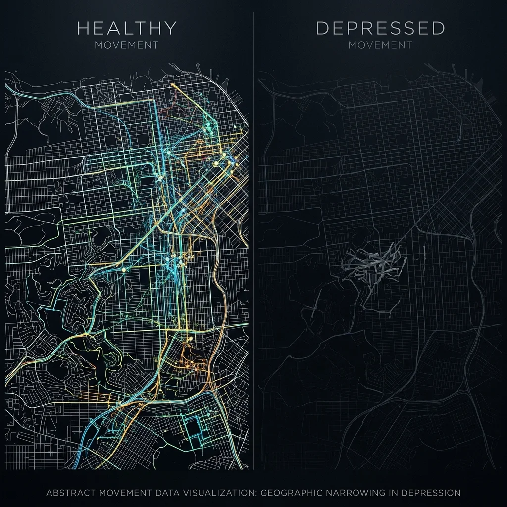 Contrasting movement pattern visualizations showing expansive healthy patterns versus restricted depressive movement patterns