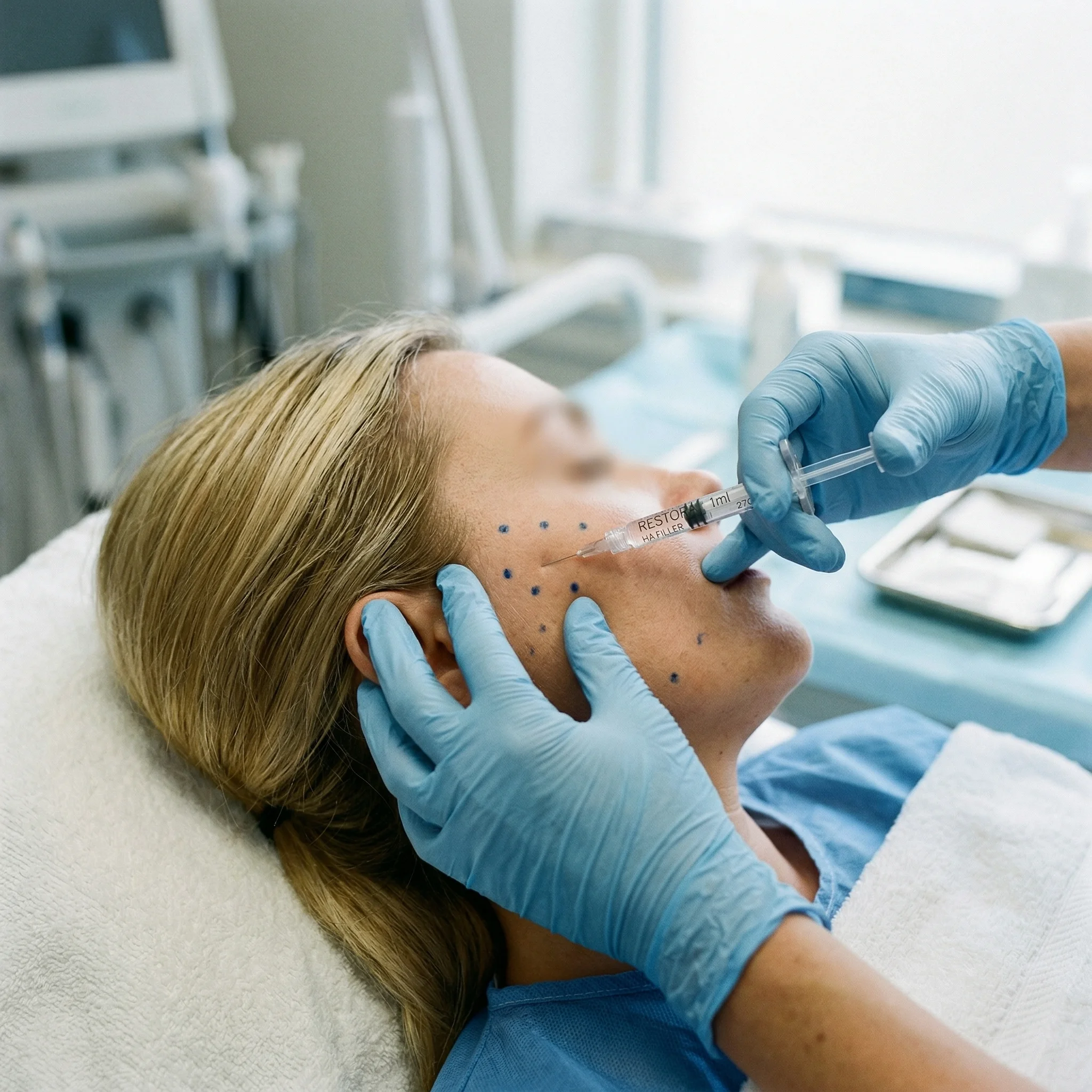 Dermal filler being prepared for injection in the cheek area to restore facial volume lost during weight loss