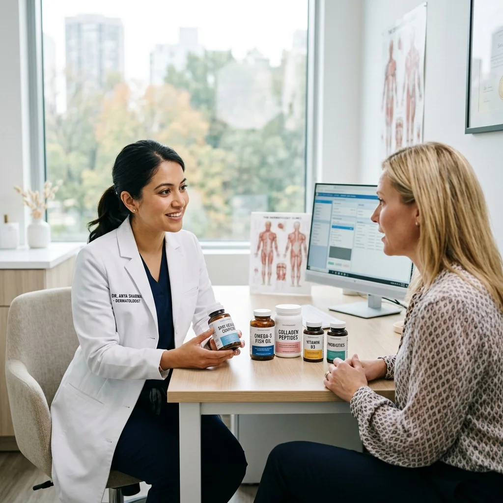 Dermatologist consulting with patient about vitamin E supplementation in clinical setting