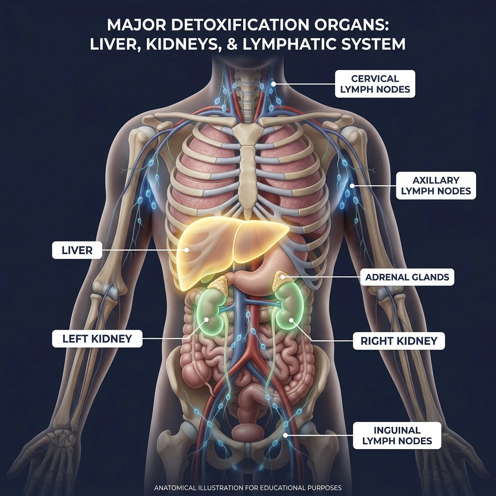 Diagram showing the body's natural detoxification organs including liver, kidneys, lymph nodes, and skin