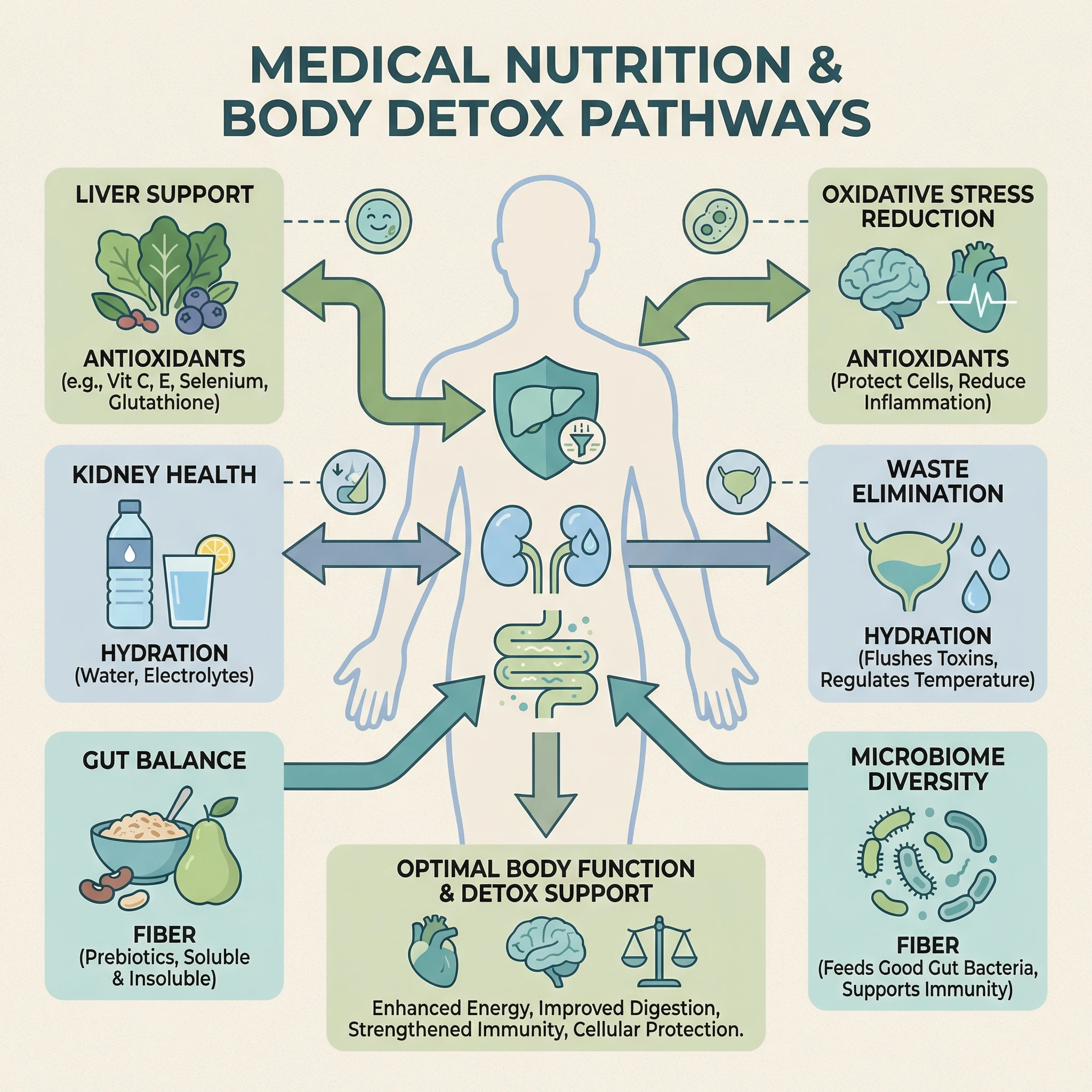 Infographic showing how liver support, kidney hydration, and gut fiber work together to support everyday detox pathways.