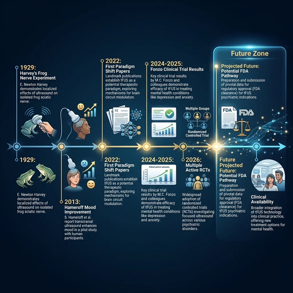 Timeline showing the progression of focused ultrasound from 1929 discovery through current clinical trials toward potential future availability