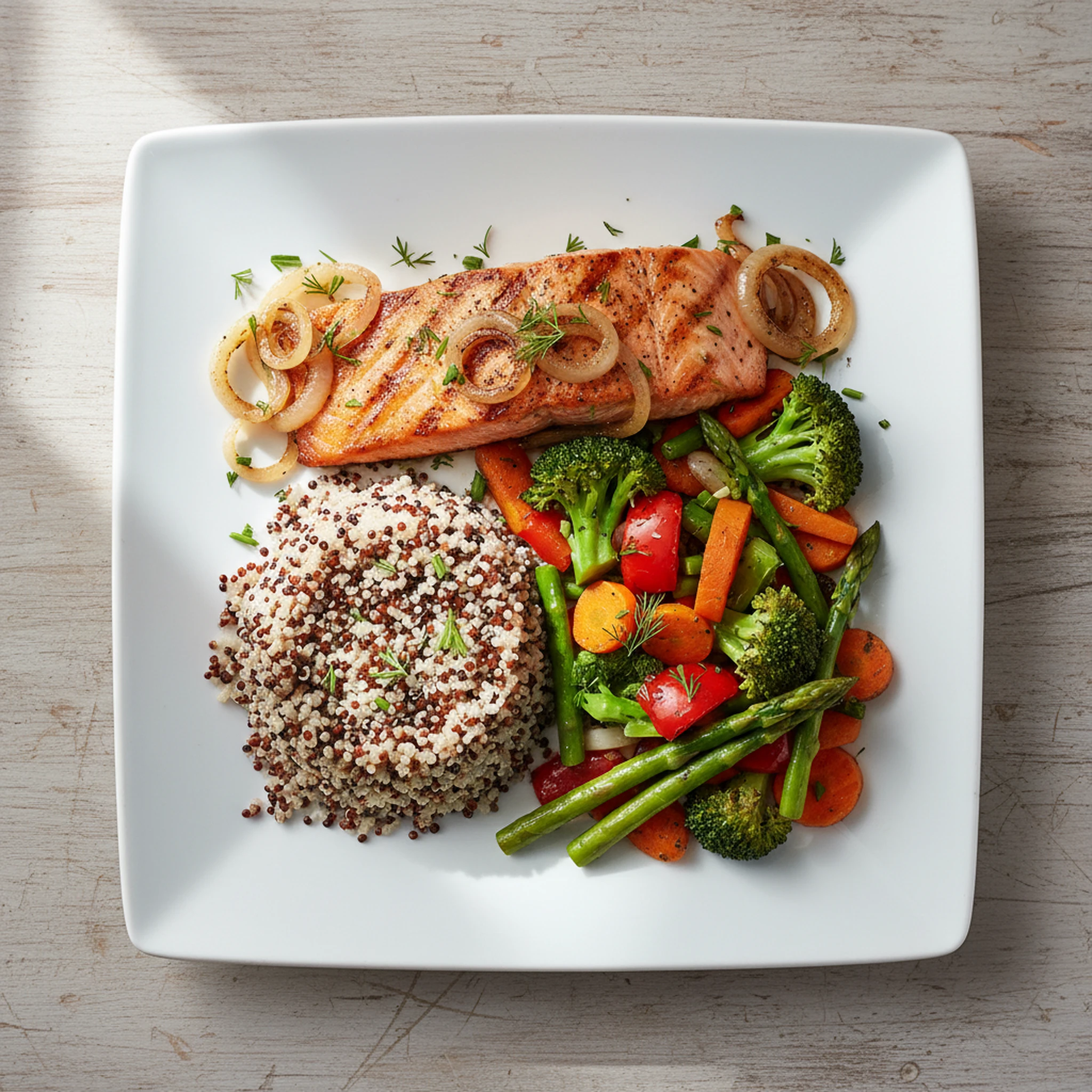 Colorful plate with grilled salmon, quinoa, mixed vegetables, and caramelized onions prepared for heart-healthy eating
