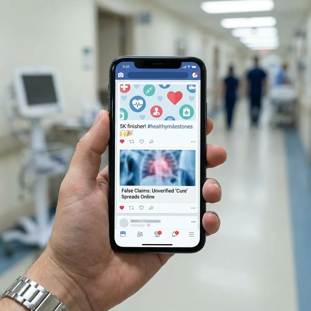 Smartphone screen displaying a mix of health information posts with some flagged as misleading by fact checkers