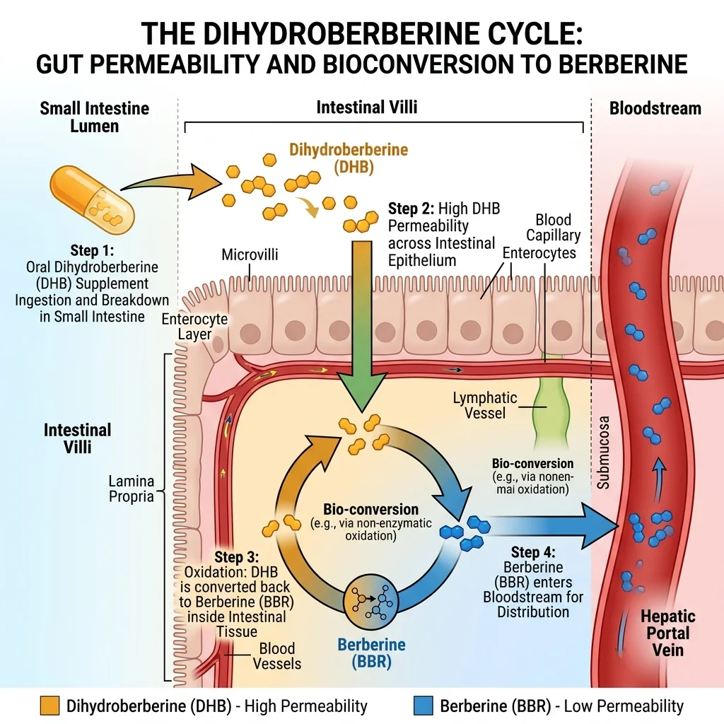Diagram showing how dihydroberberine passes through the intestinal wall then converts back to berberine in the body