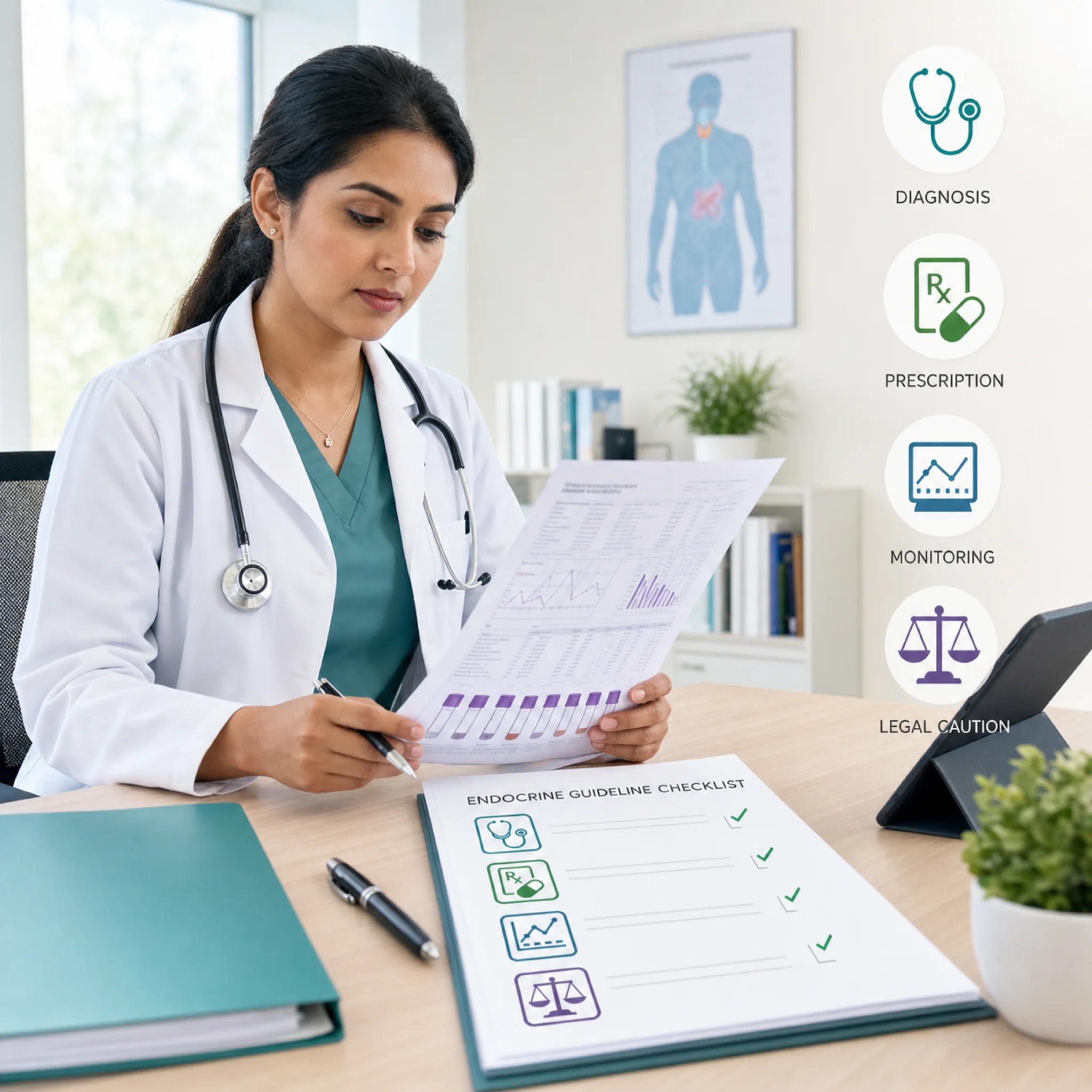 Clinician reviewing hormone lab reports and treatment criteria