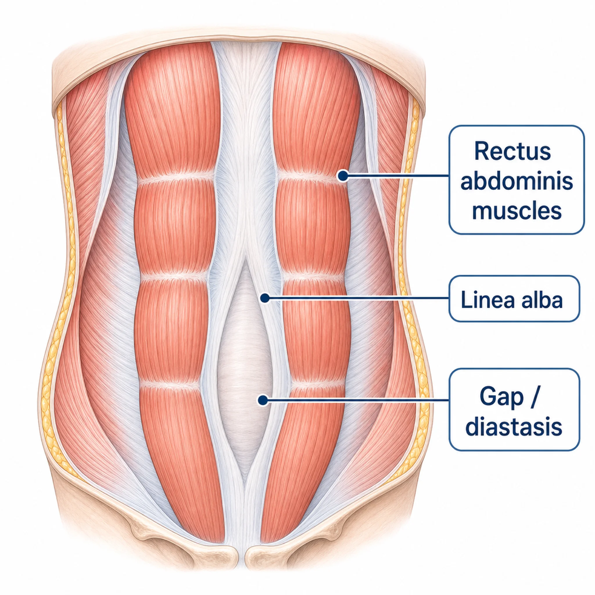 Anatomical diagram showing diastasis recti abdominal muscle separation after pregnancy