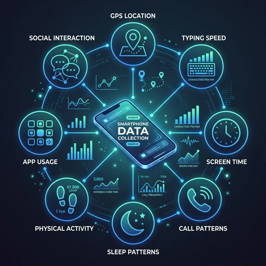 Infographic showing the types of passive data smartphones collect for digital phenotyping including GPS, typing speed, screen time, and sleep patterns