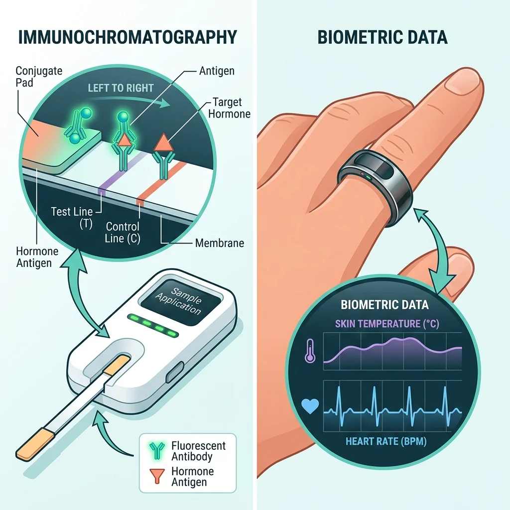 Illustration comparing two hormone tracking approaches: direct urine testing with fluorescence technology versus indirect tracking through skin temperature and heart rate wearables